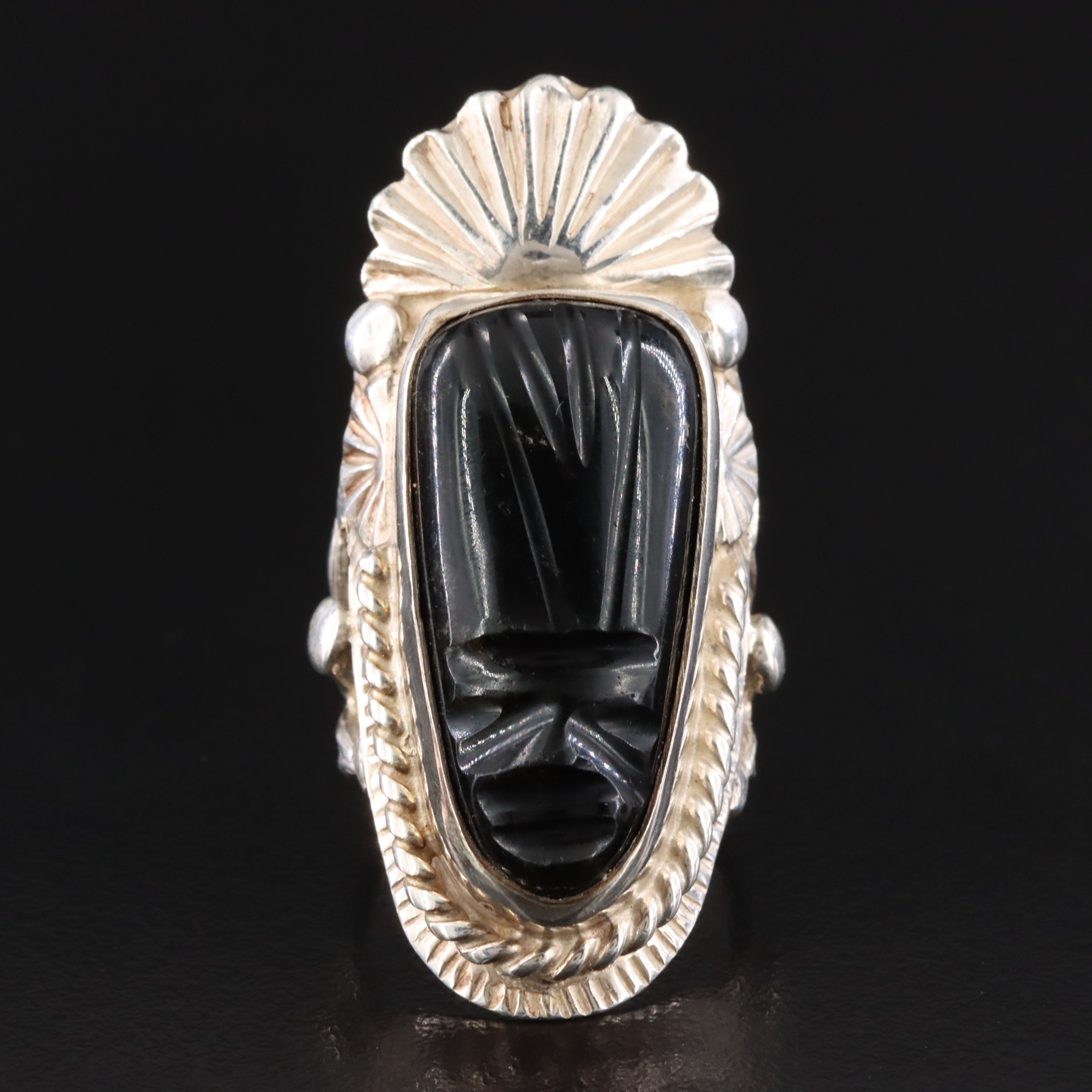 Mexican Style Sterling Obsidian Carved Warrior Pointer Ring