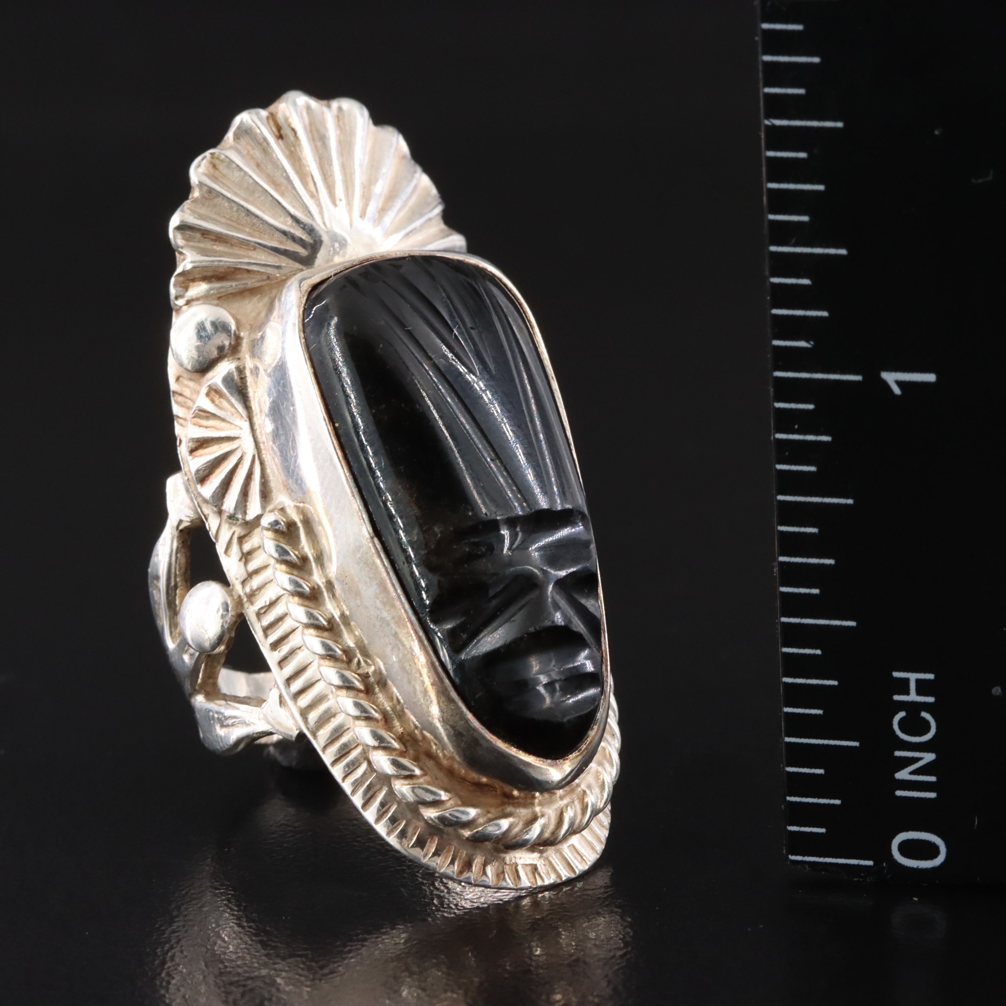 Mexican Style Sterling Obsidian Carved Warrior Pointer Ring