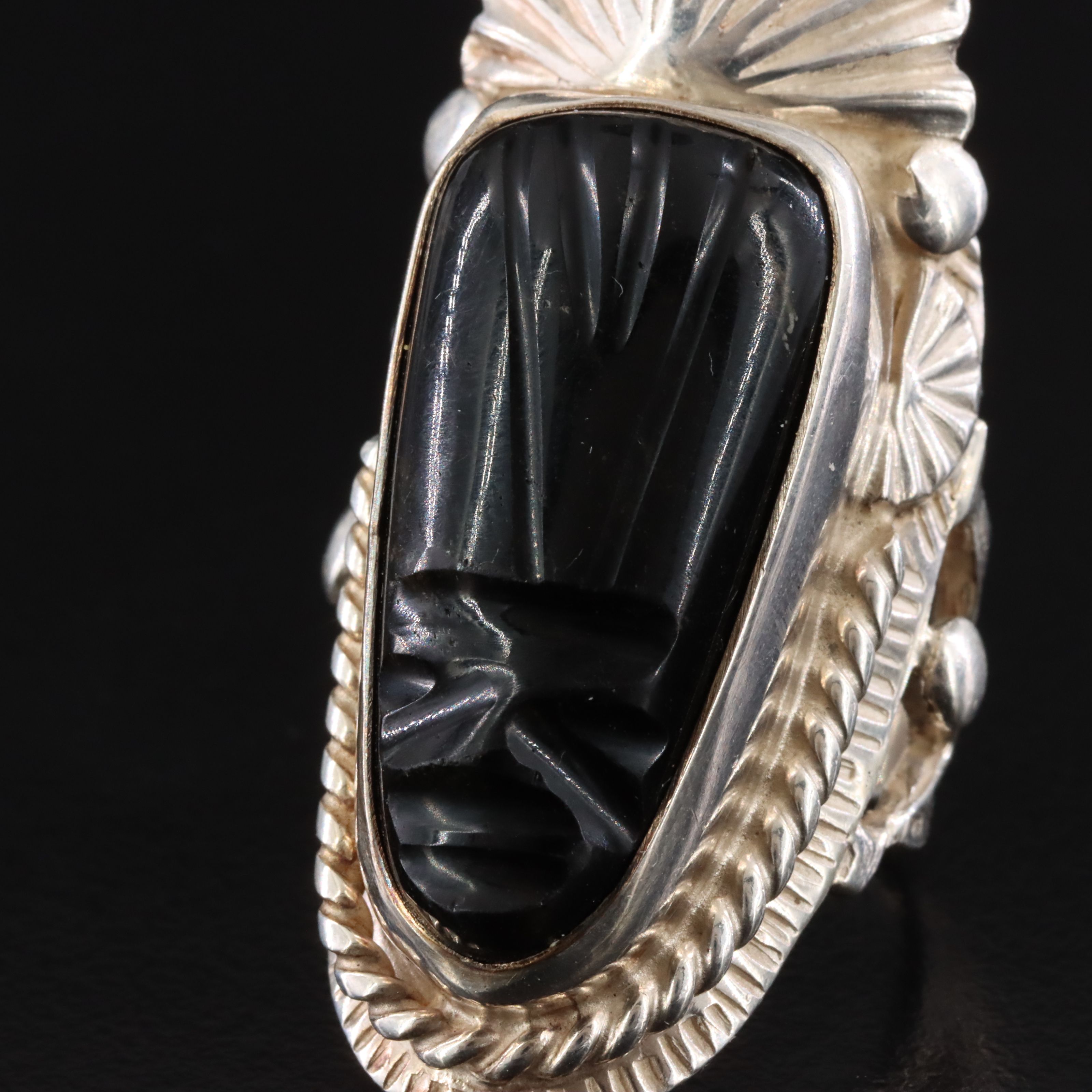 Mexican Style Sterling Obsidian Carved Warrior Pointer Ring