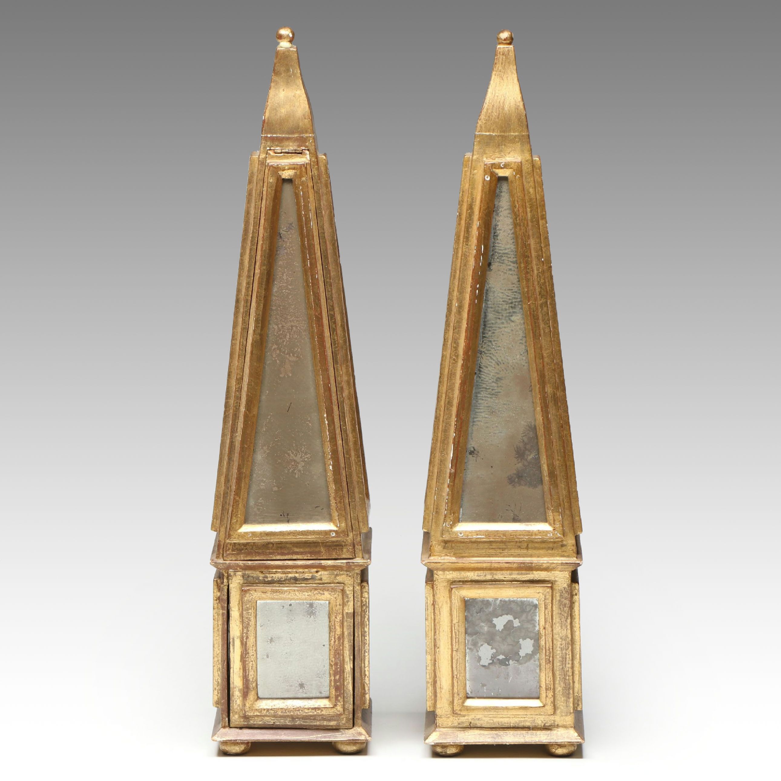 Pair of Florentine Giltwood and Glass Paneled Obelisks