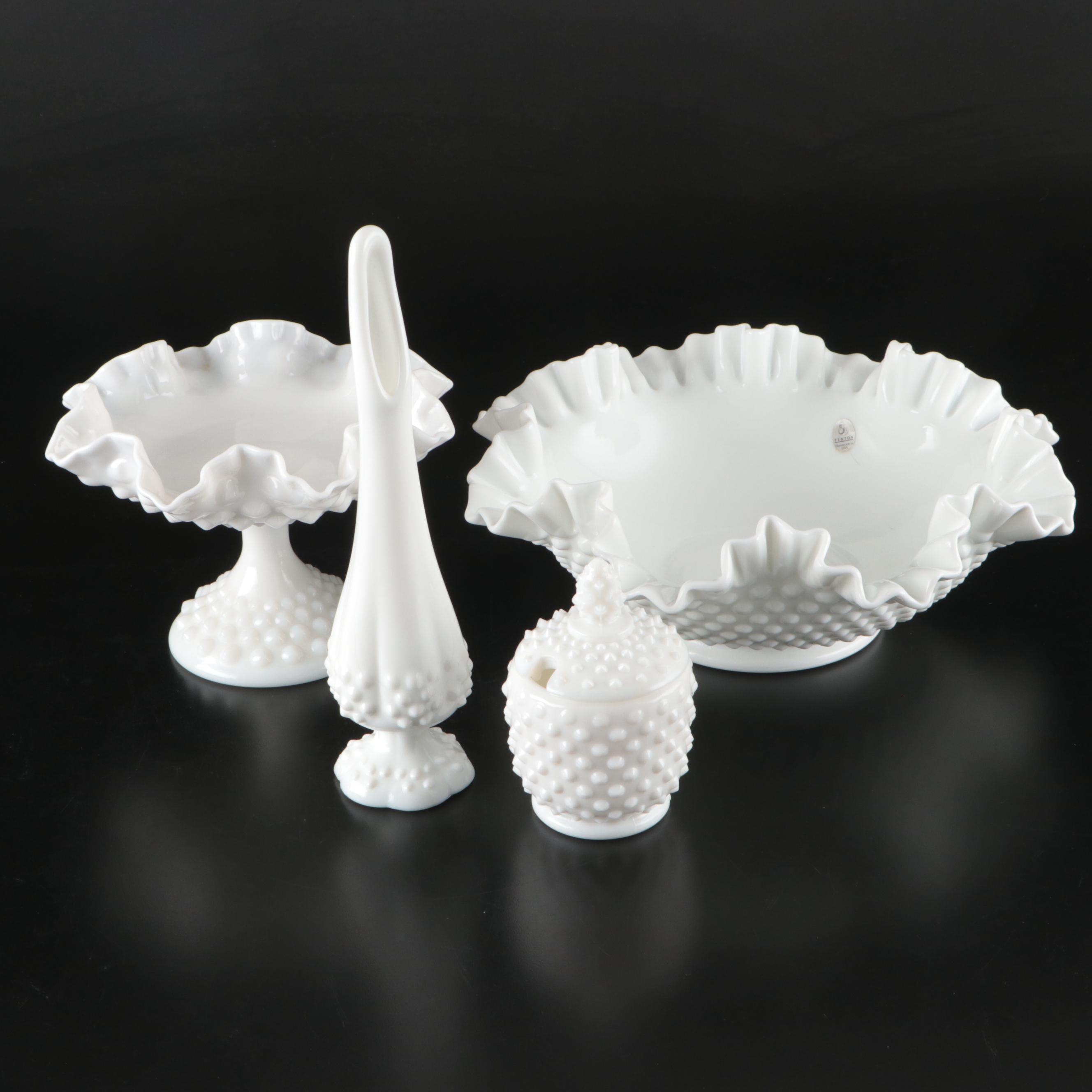Fenton Hobnail Milk Glass Ruffled Bowl, Bud Vase, and More Table Décor
