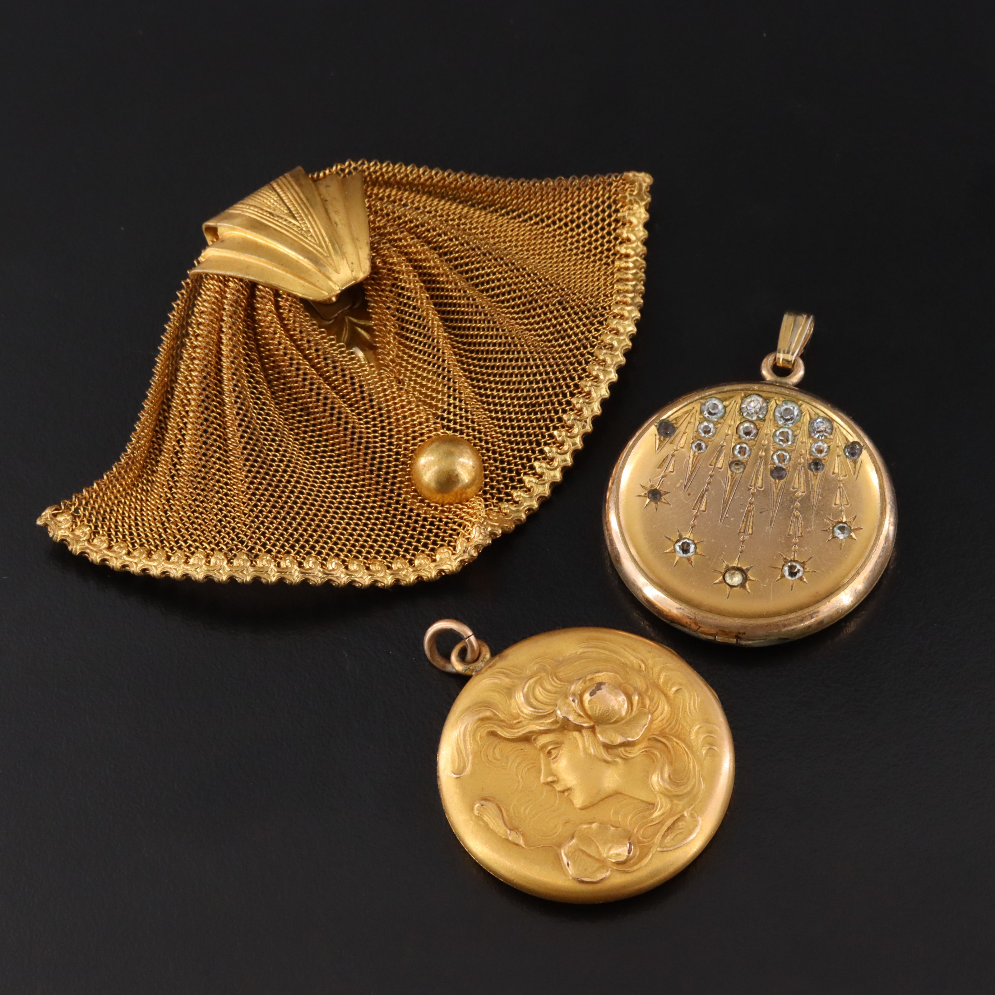 Whitehead & Hoag Co. Glass Paste & Art Nouveau Lockets with Vintage Shoe Clip