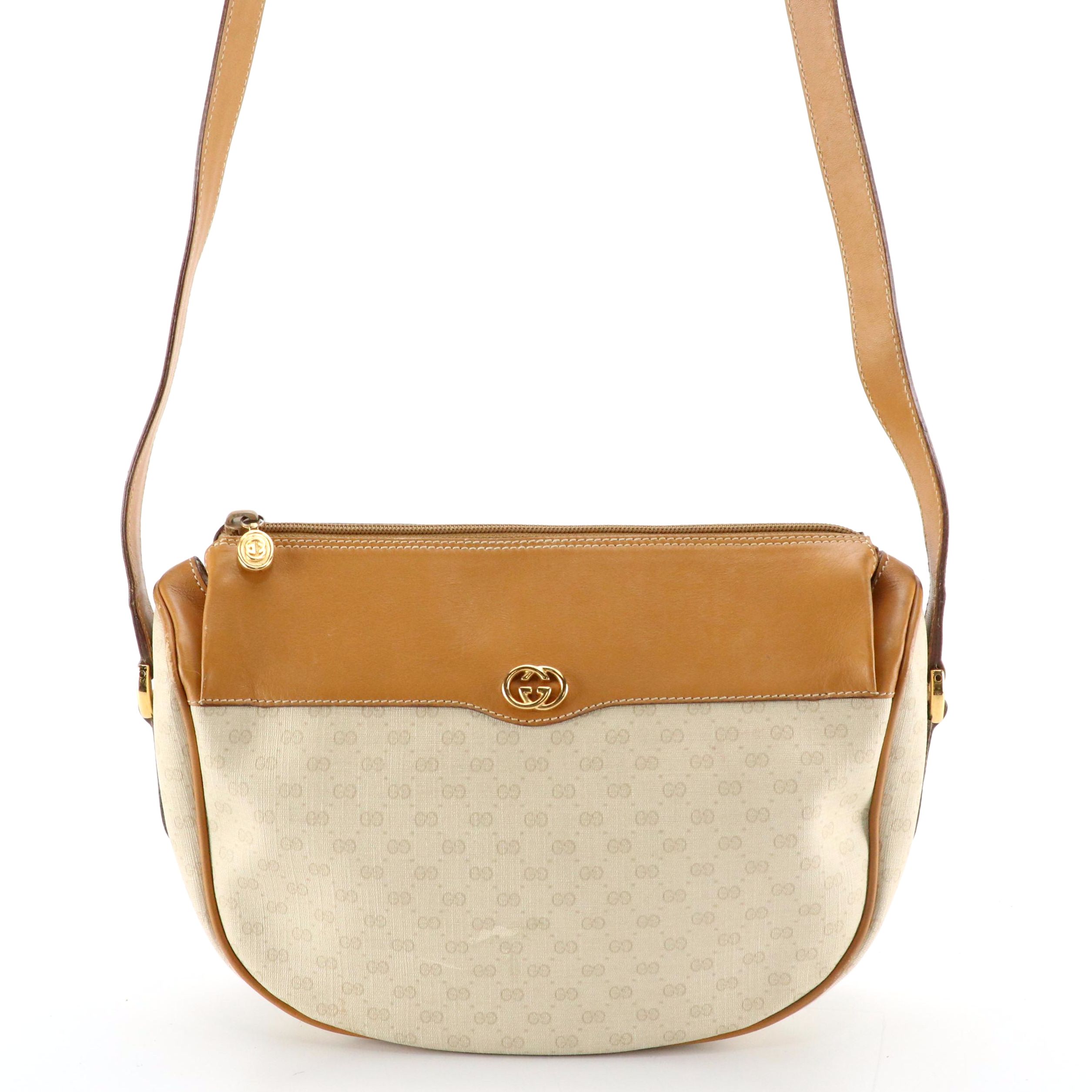 Gucci Front Flap Crossbody Bag in White Micro GG Canvas and Brown Leather