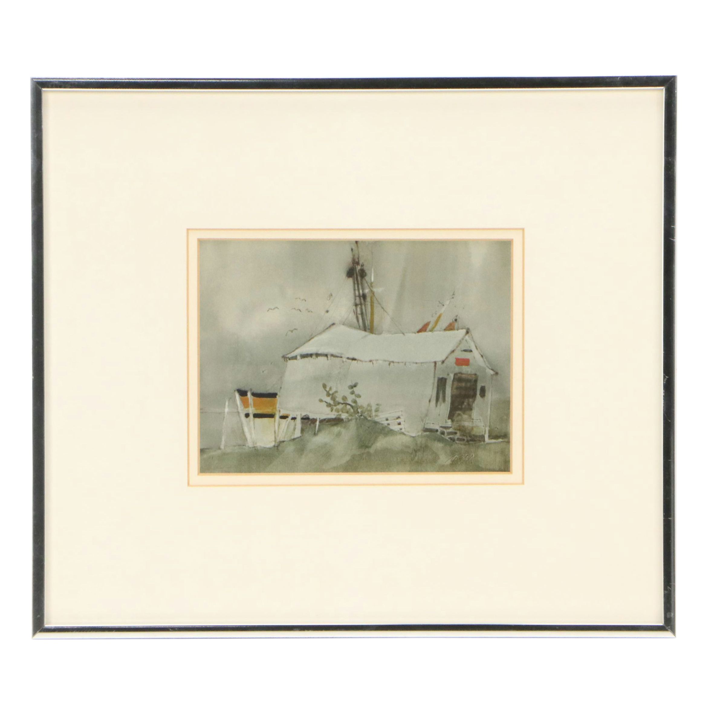 Roger Haas Folk Art Watercolor Painting of Nautical Landscape
