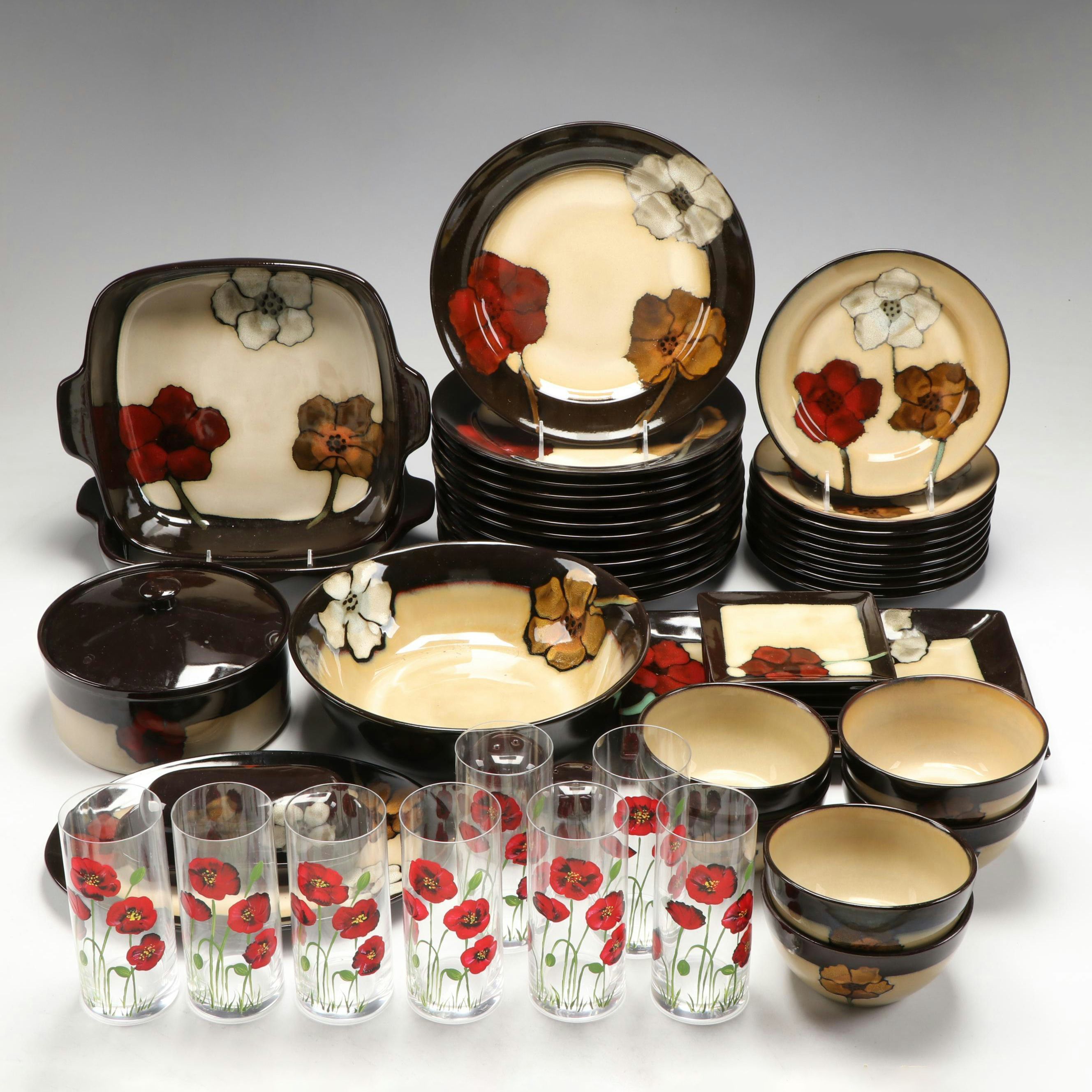Pfaltzgraff "Painted Poppies" Ceramic Dinnerware with Mikasa Glasses