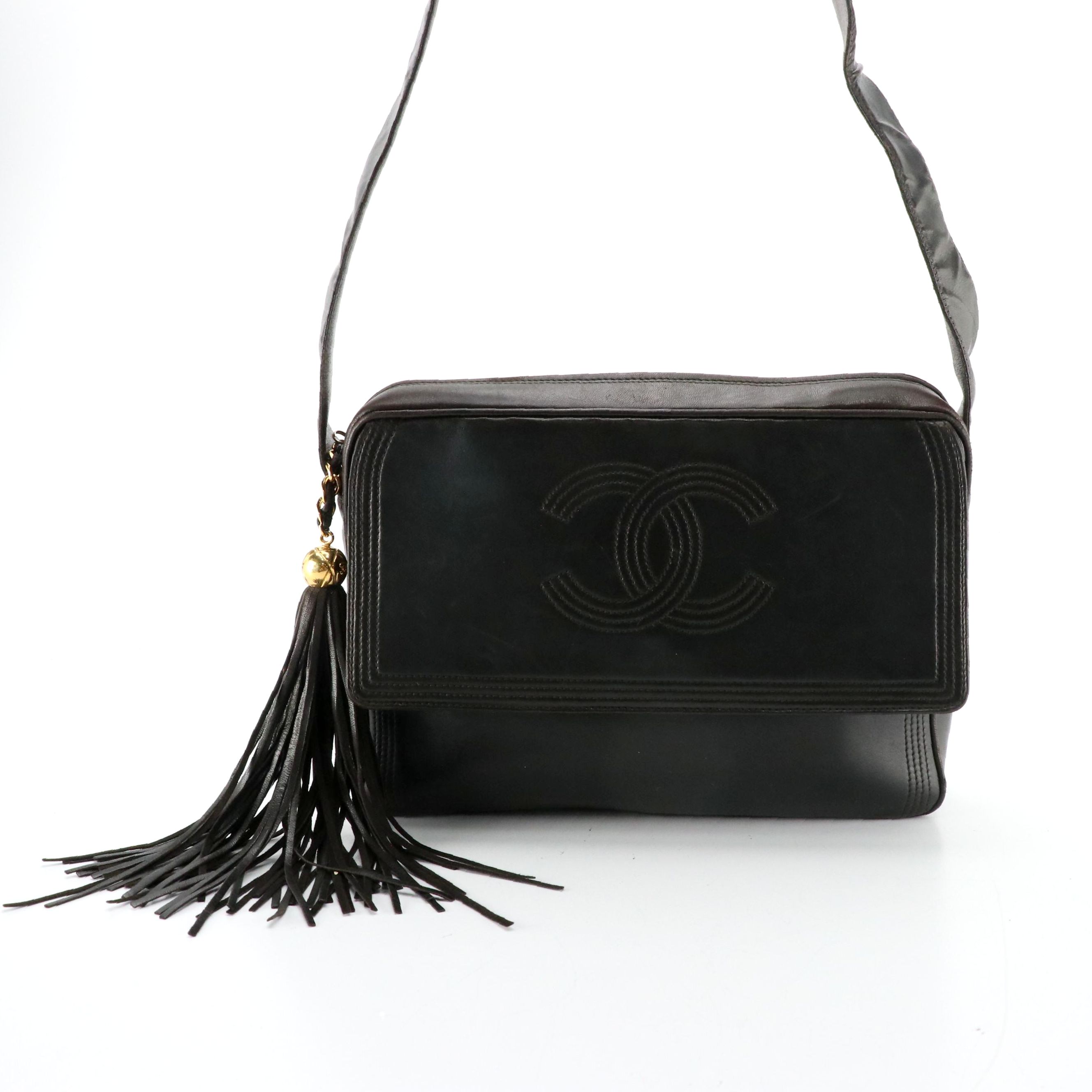 Chanel CC Stitched Flap Tassel Zip Shoulder Bag in Black Lambskin Leather