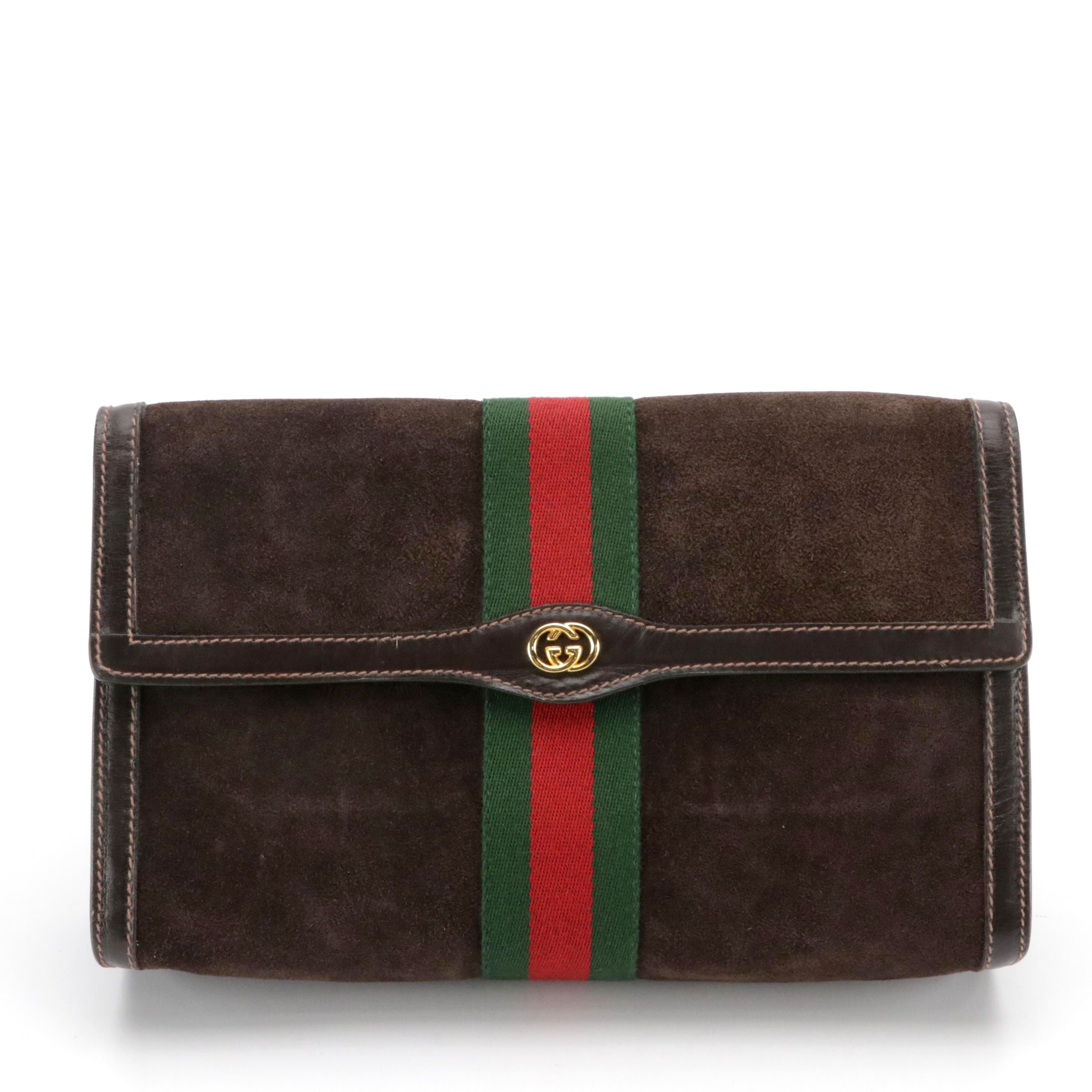 Gucci Accessory Collection Web Stripe Large Toiletry Bag in Brown Suede/Leather