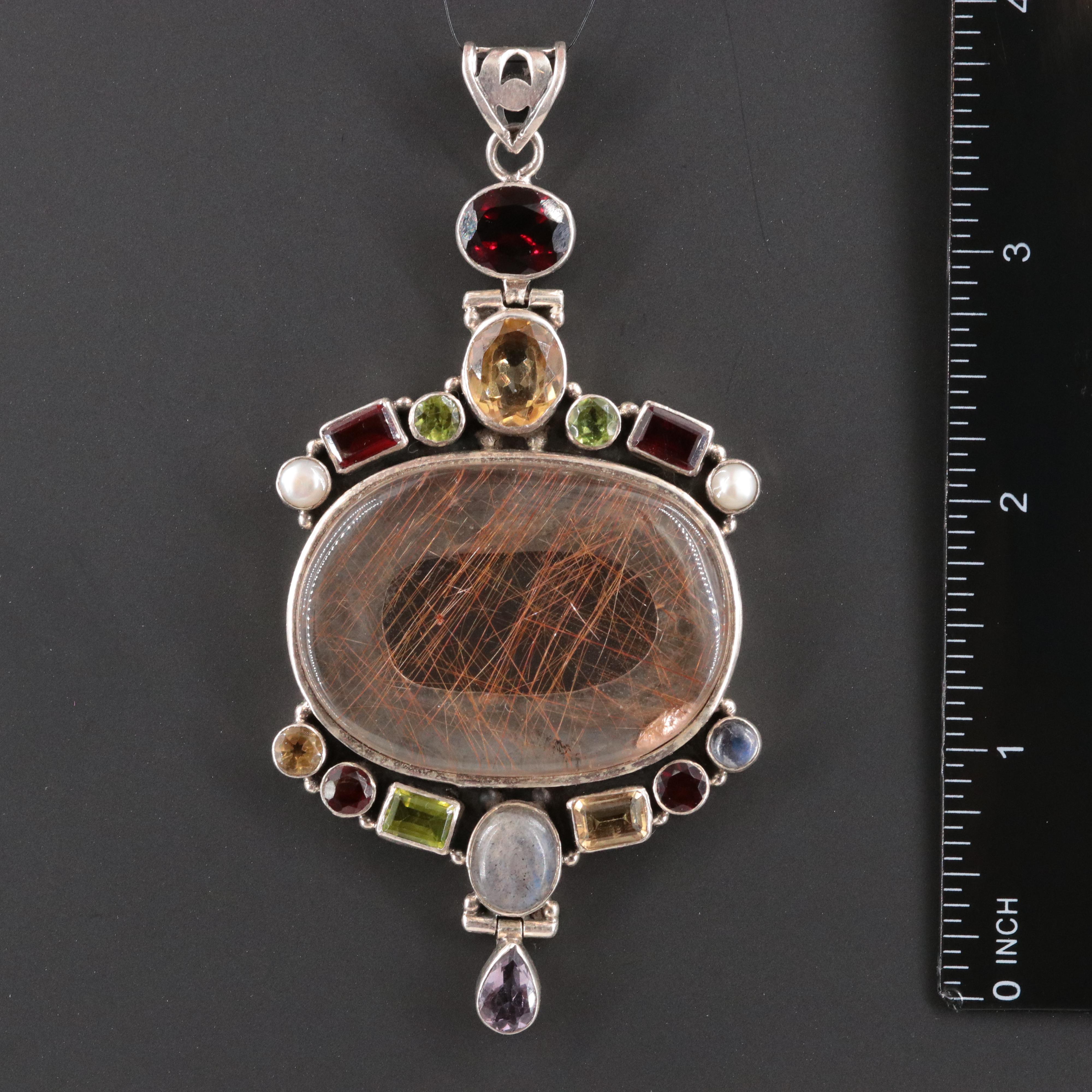 Large Sterling Rutilated Quartz and Gemstone Pendant