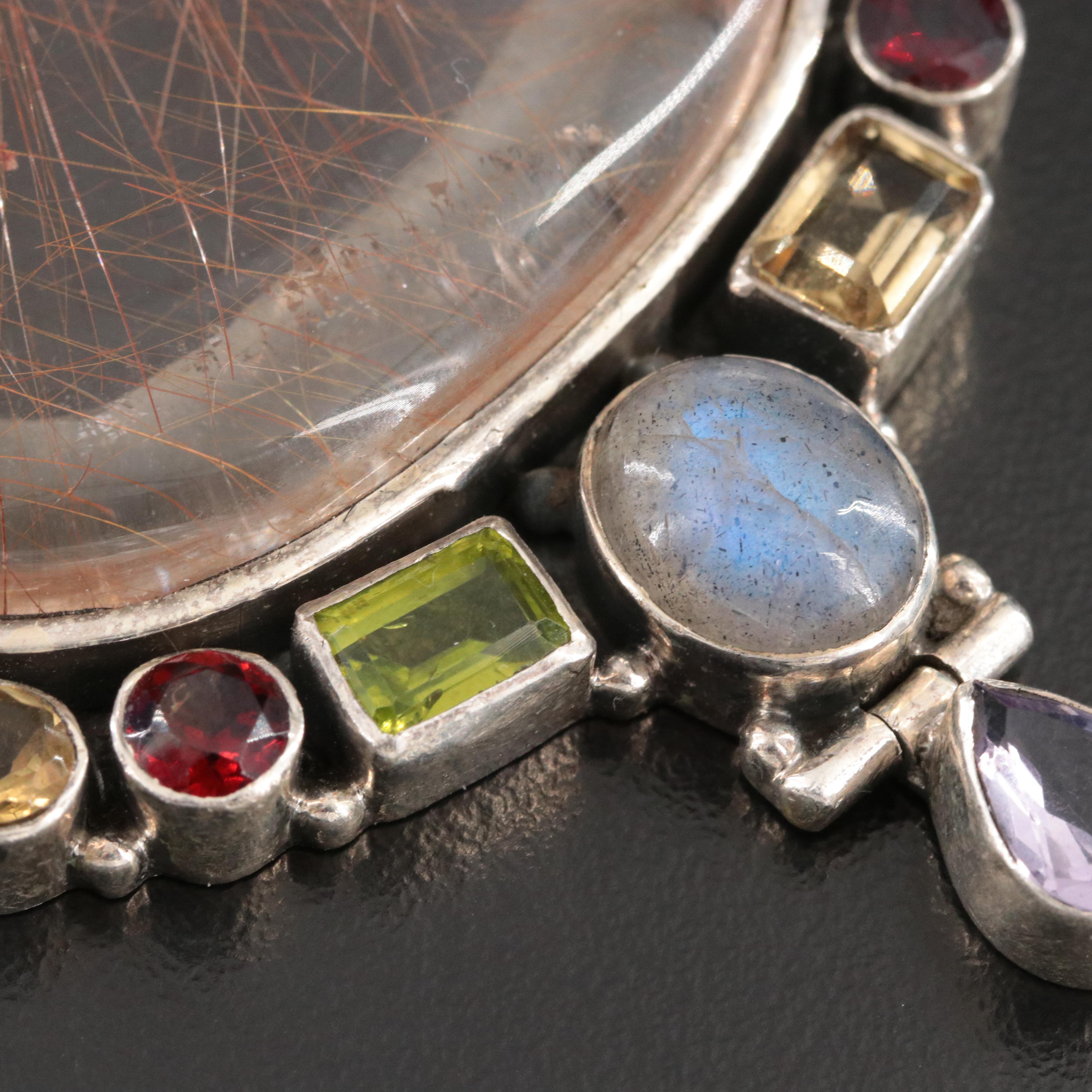 Large Sterling Rutilated Quartz and Gemstone Pendant