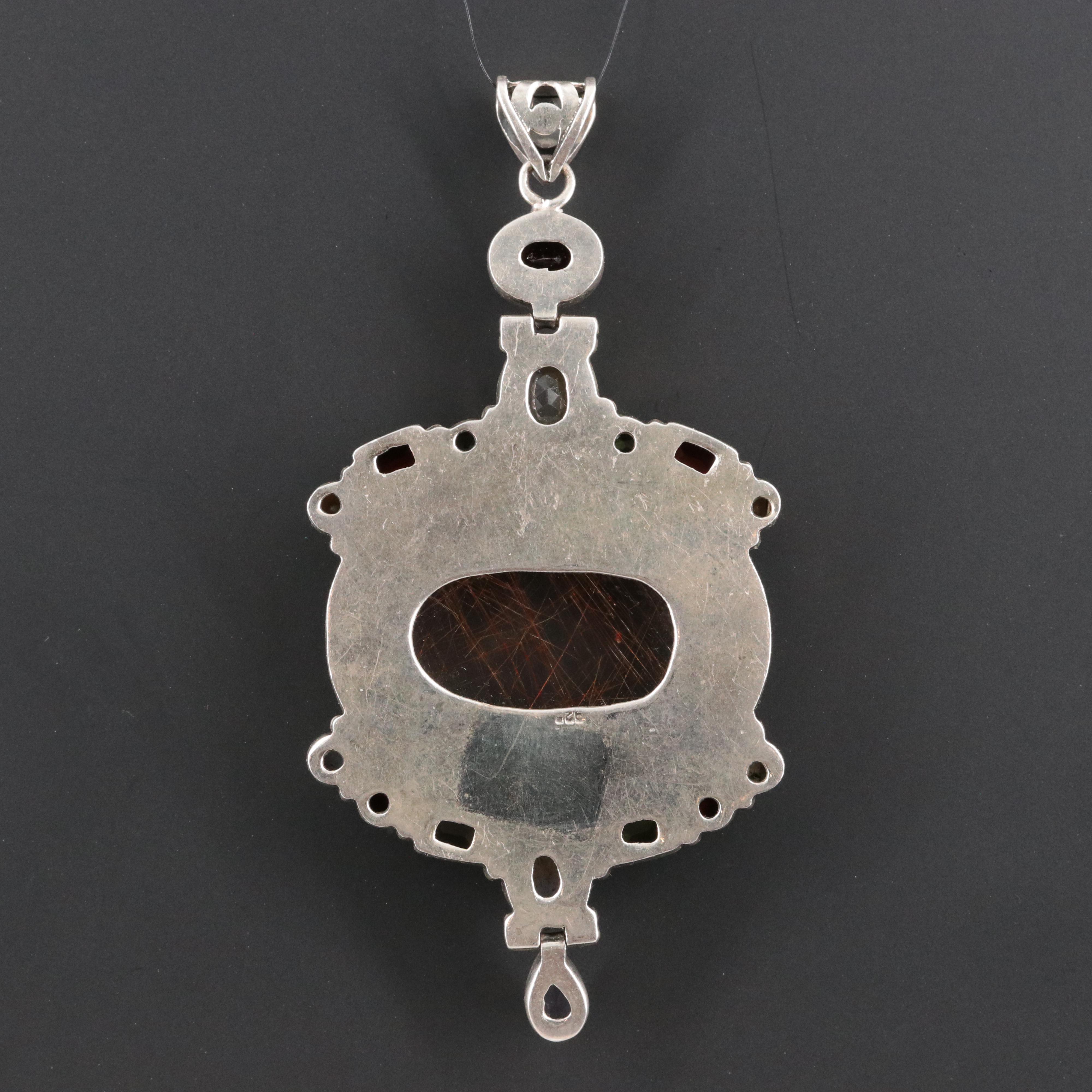 Large Sterling Rutilated Quartz and Gemstone Pendant