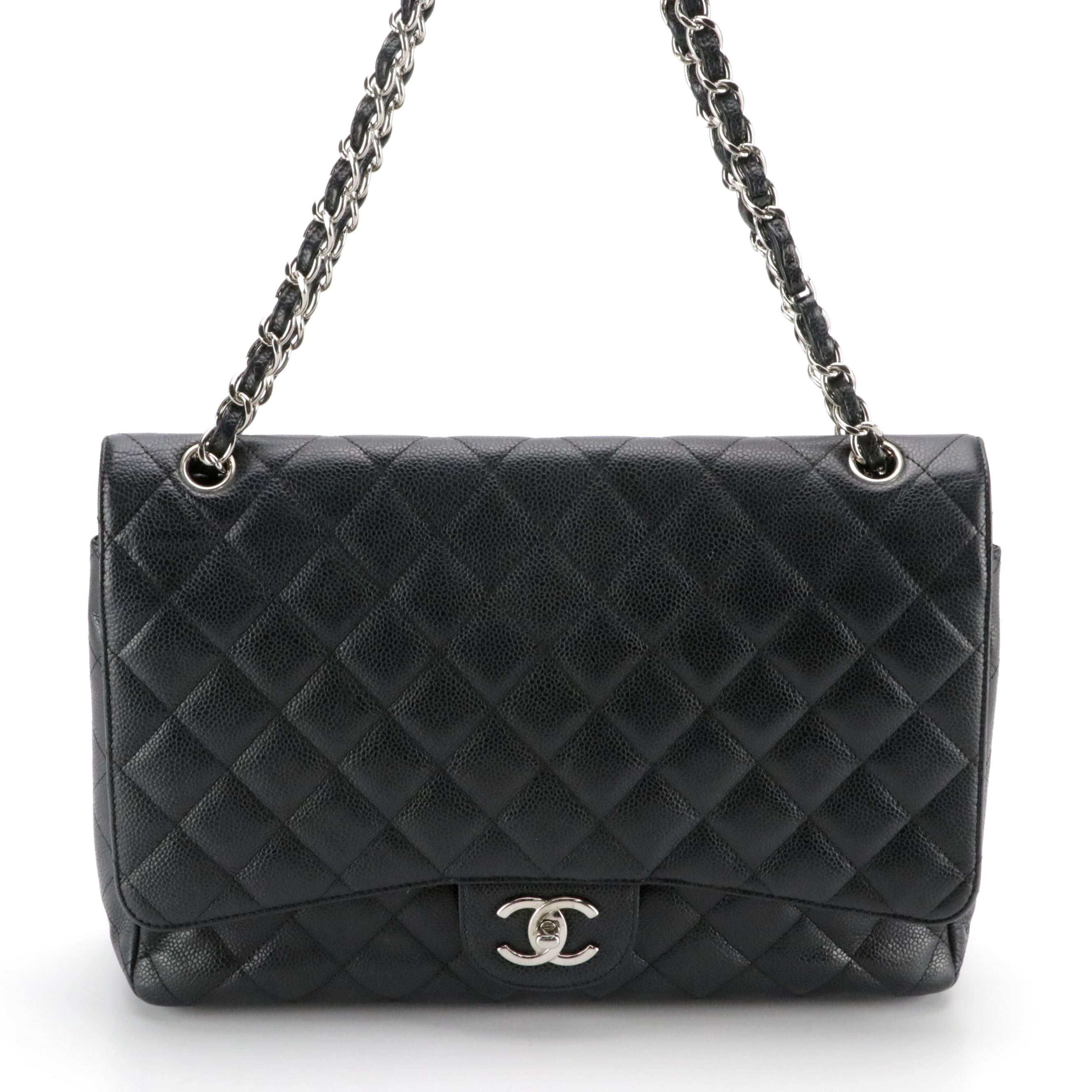 Chanel Large Classic Double Flap Shoulder Bag in Black Quilted Caviar Leather