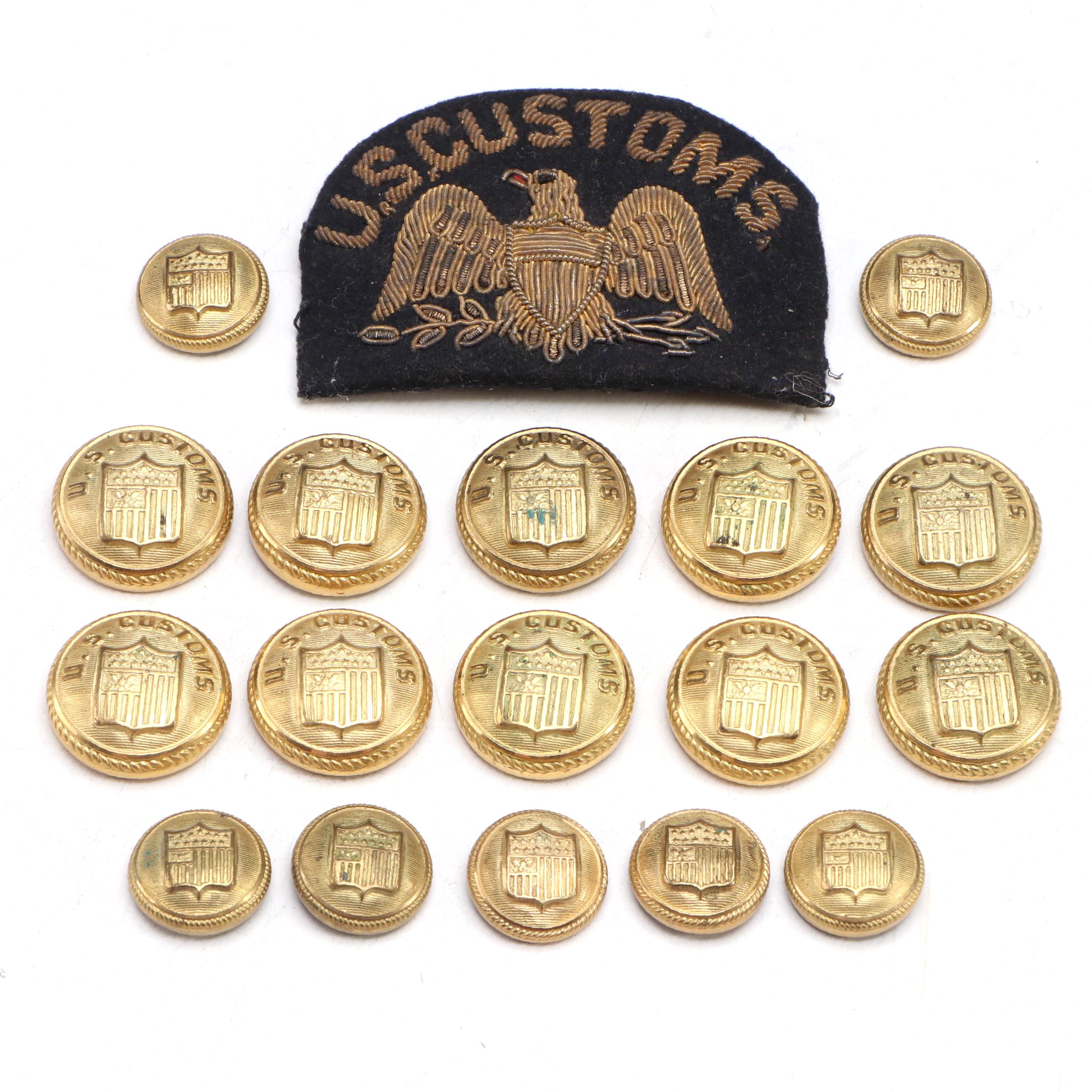 U.S. Customs Embroidered Cap Badge and Brass Button Covers, Early 20th C.