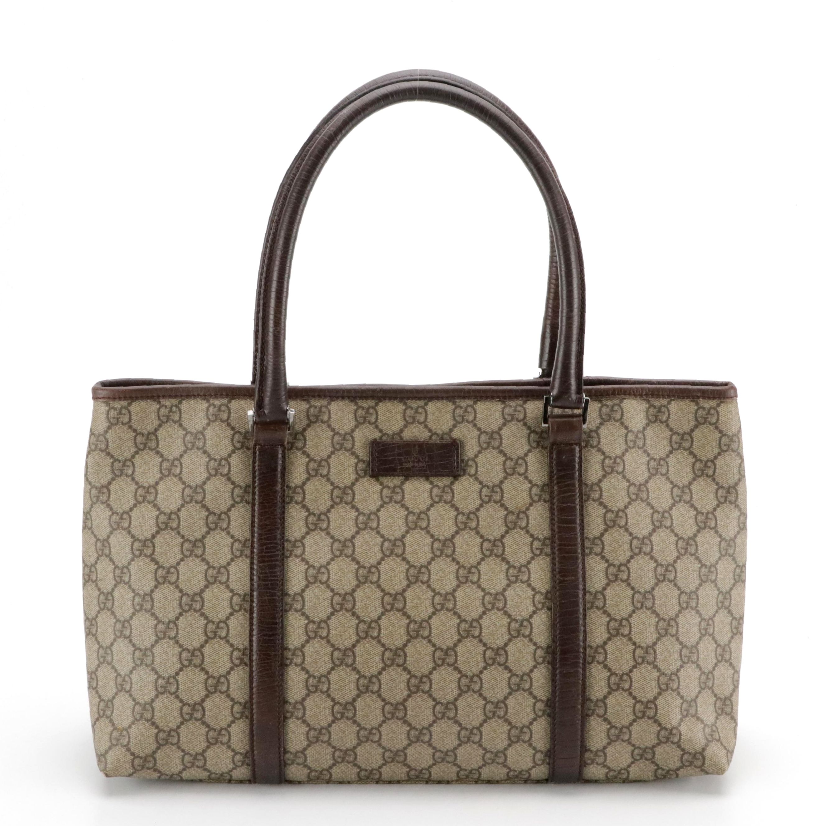 Gucci Zip Tote in GG Supreme Canvas and Brown Leather