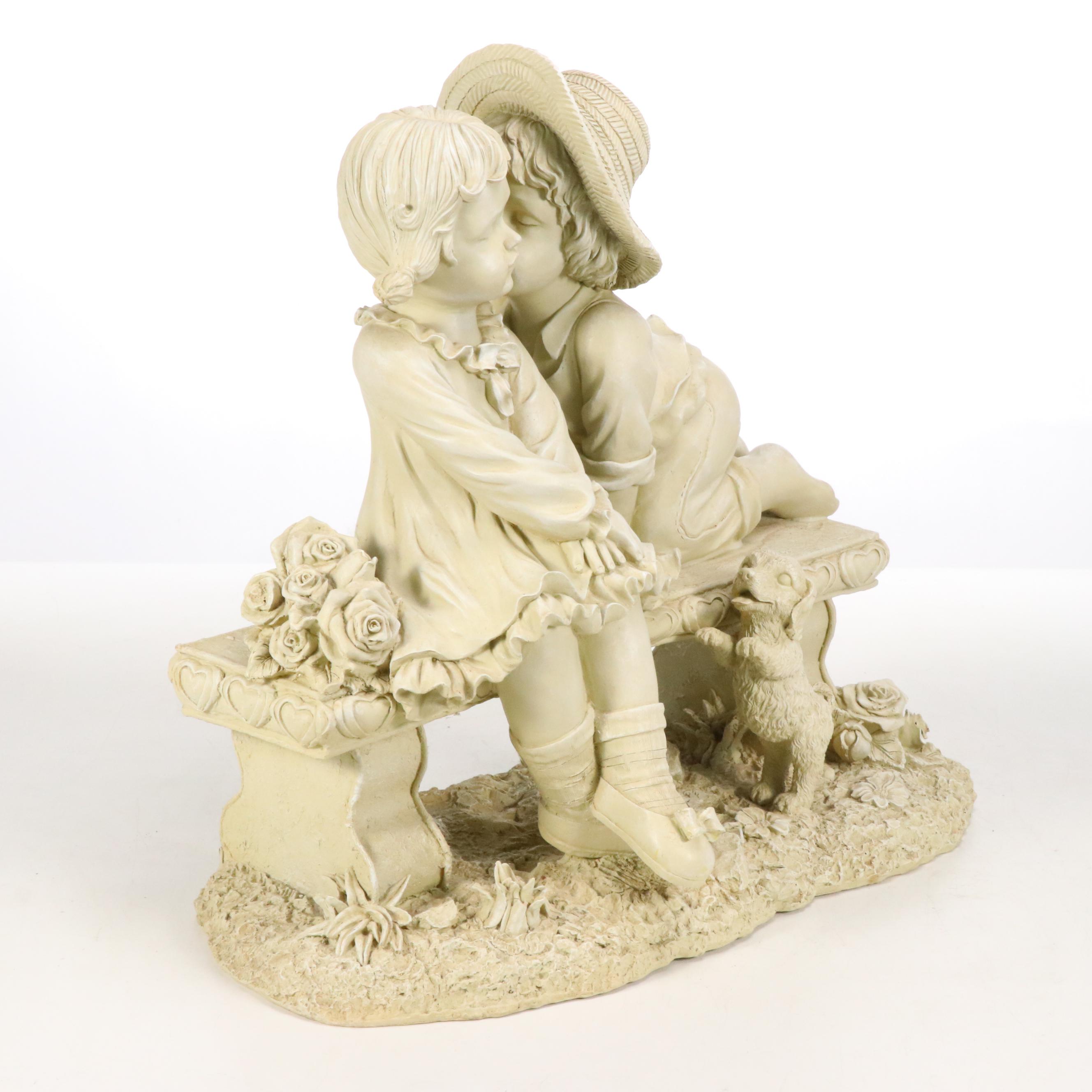 Girl and Boy on Bench Garden Statue