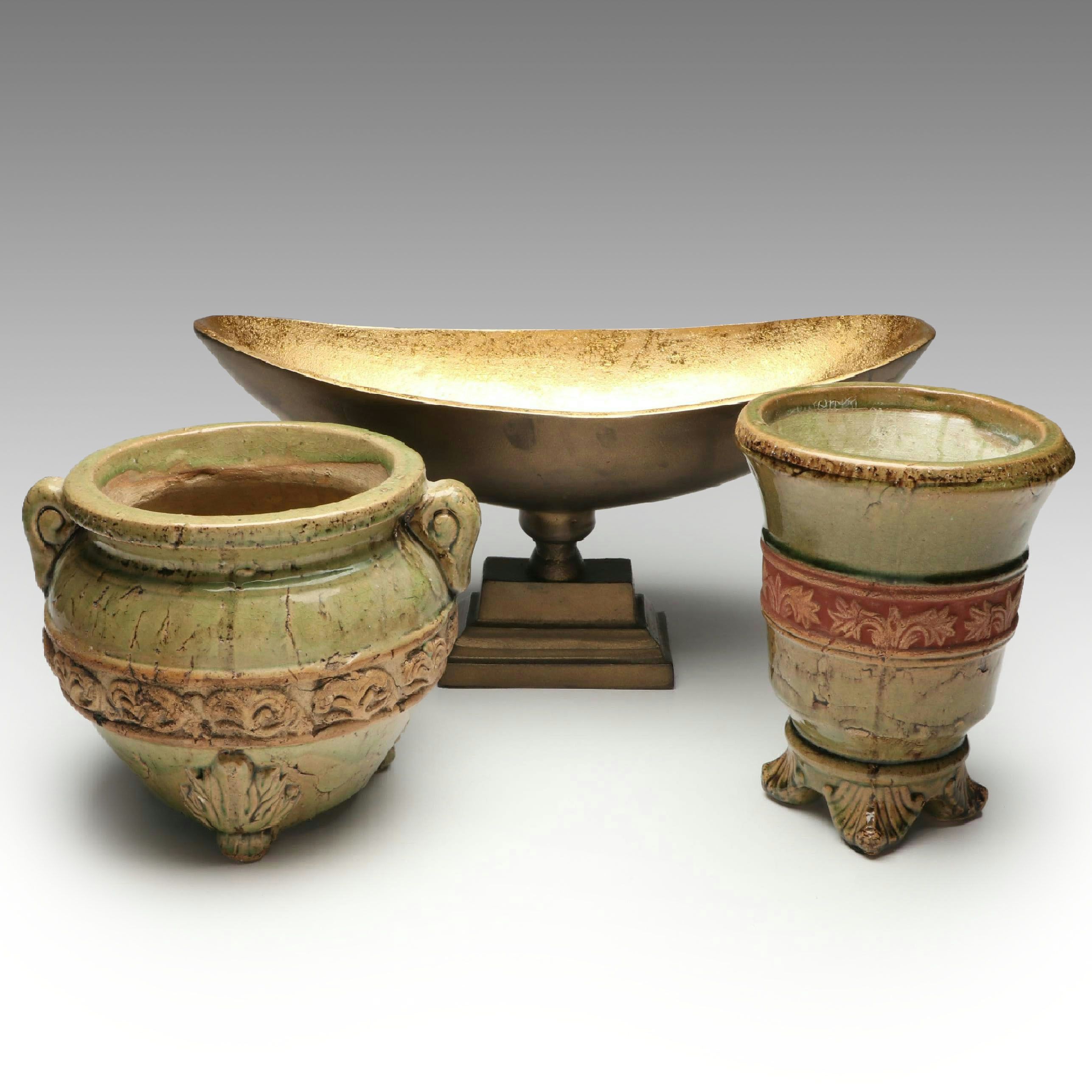 Frontgate Elliot Howard Gold Luster Console Bowl & Hosley Earthenware Planters