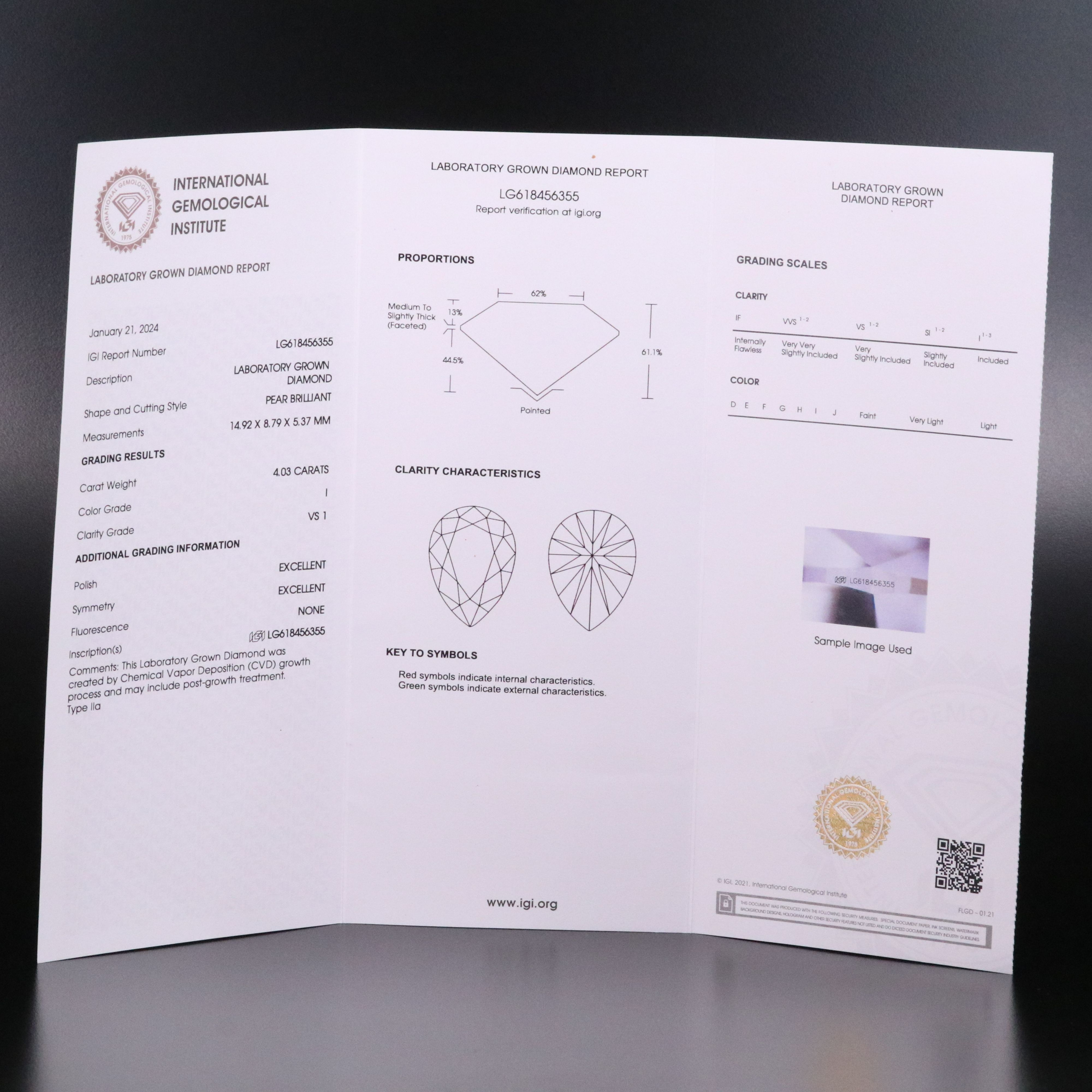 Loose 4.03 CT Lab Grown Diamond with IGI Report