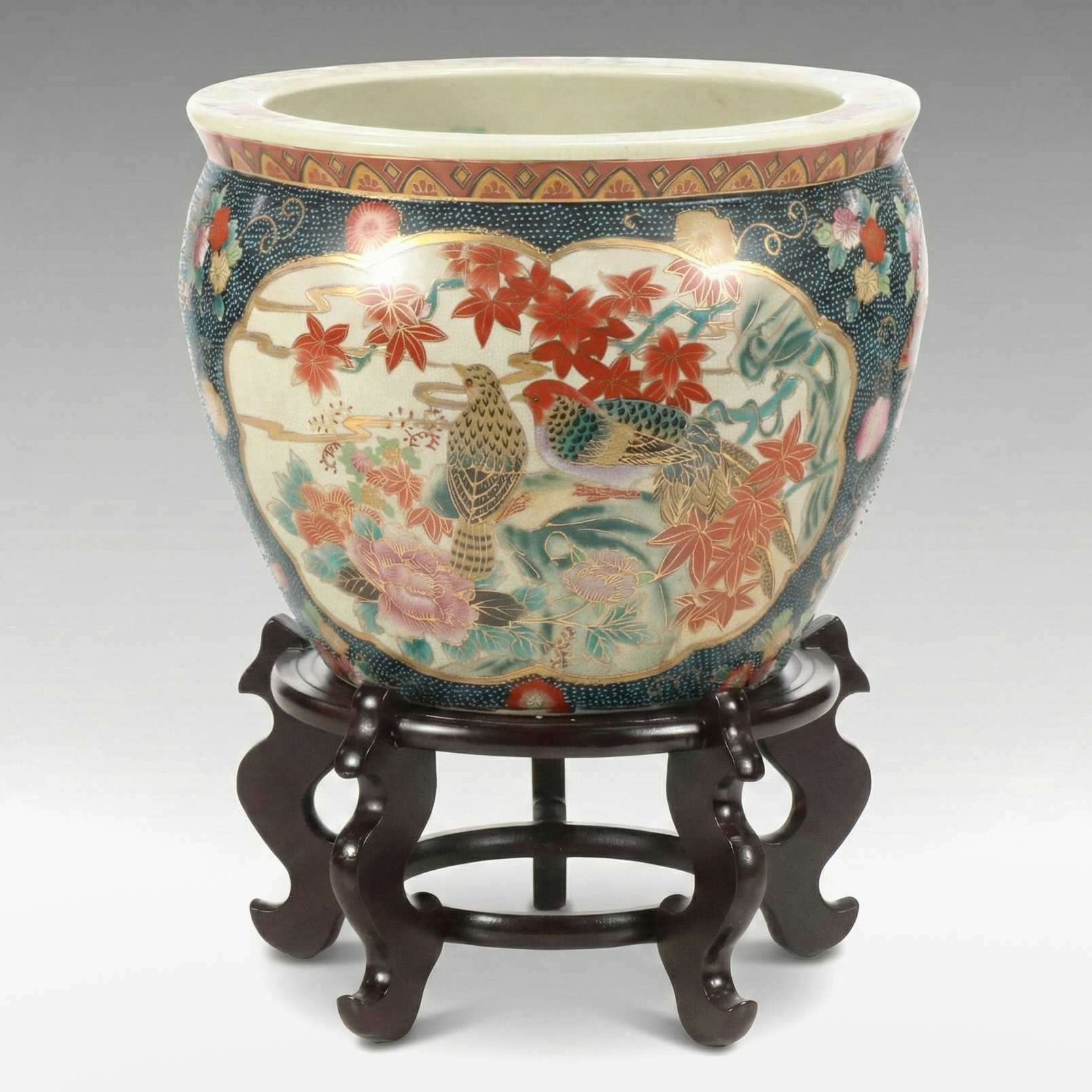 Chinese Satsuma Porcelain Planter with Wooden Stand