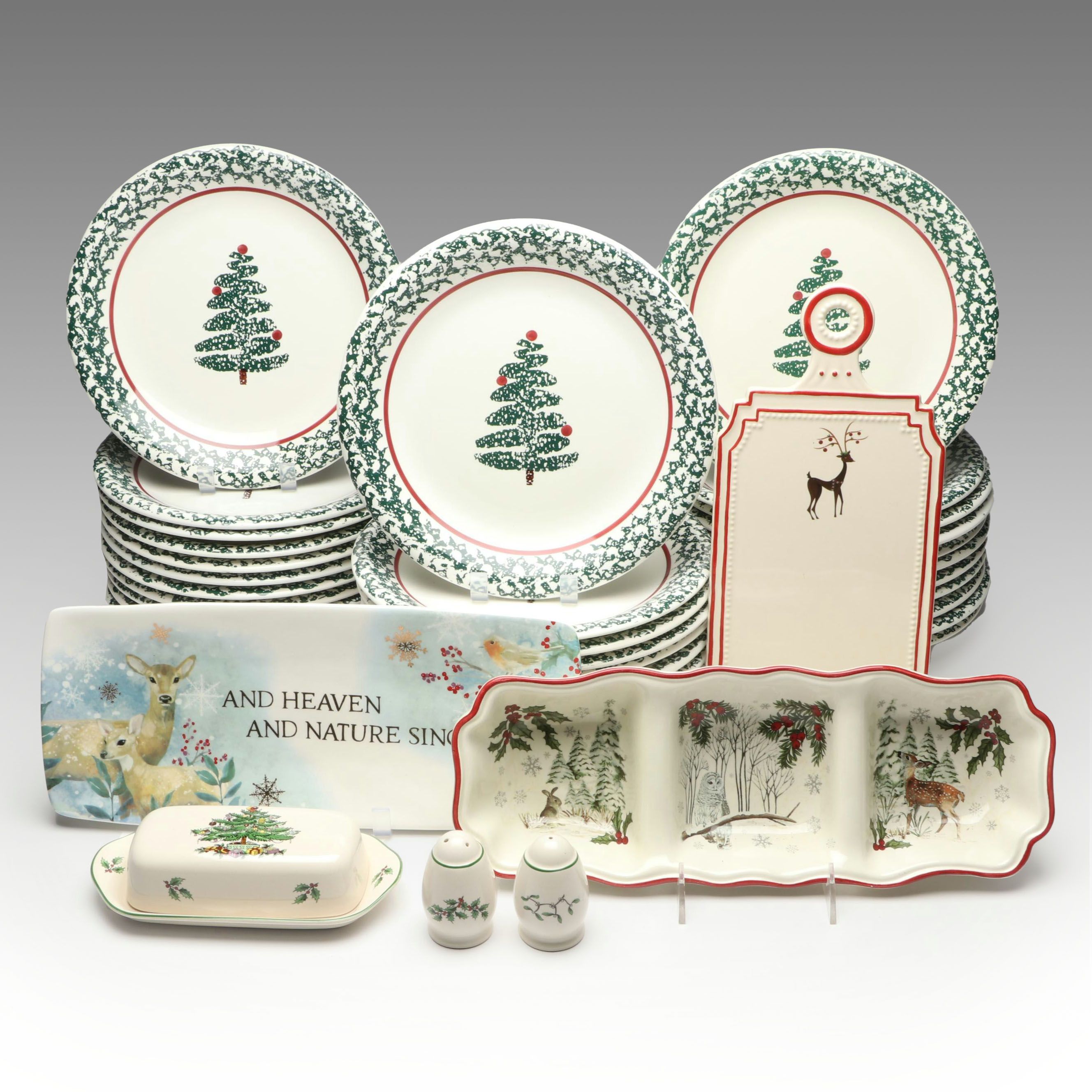 Spode "Christmas Tree" Butter Dish and Shakers with Other Holiday Tableware