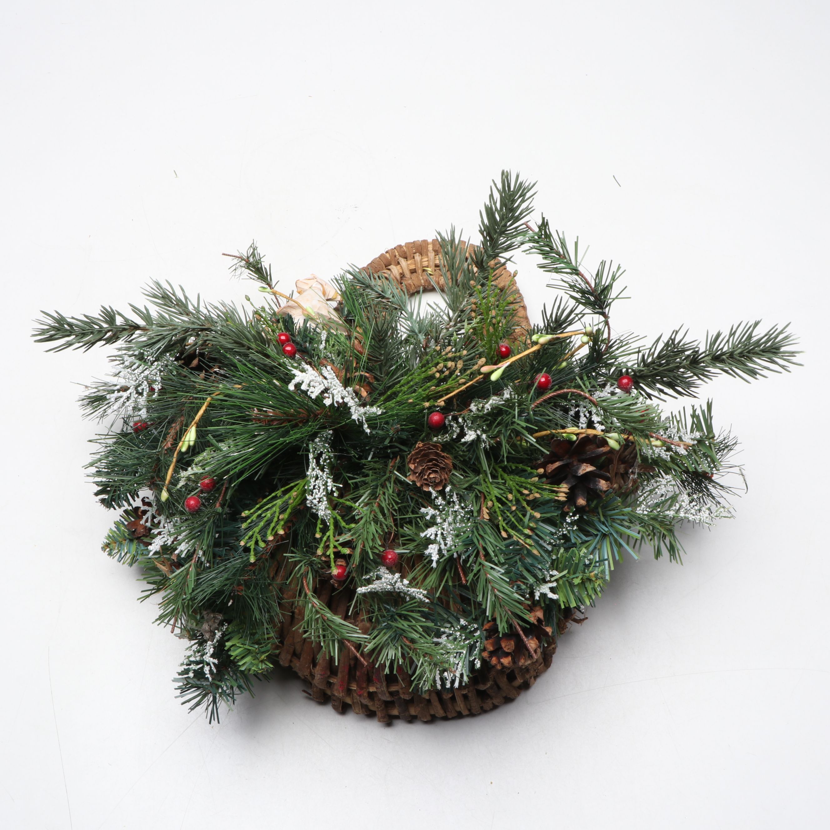Electric Window Candles with Winter Greenery Basket and Illuminated Ornament