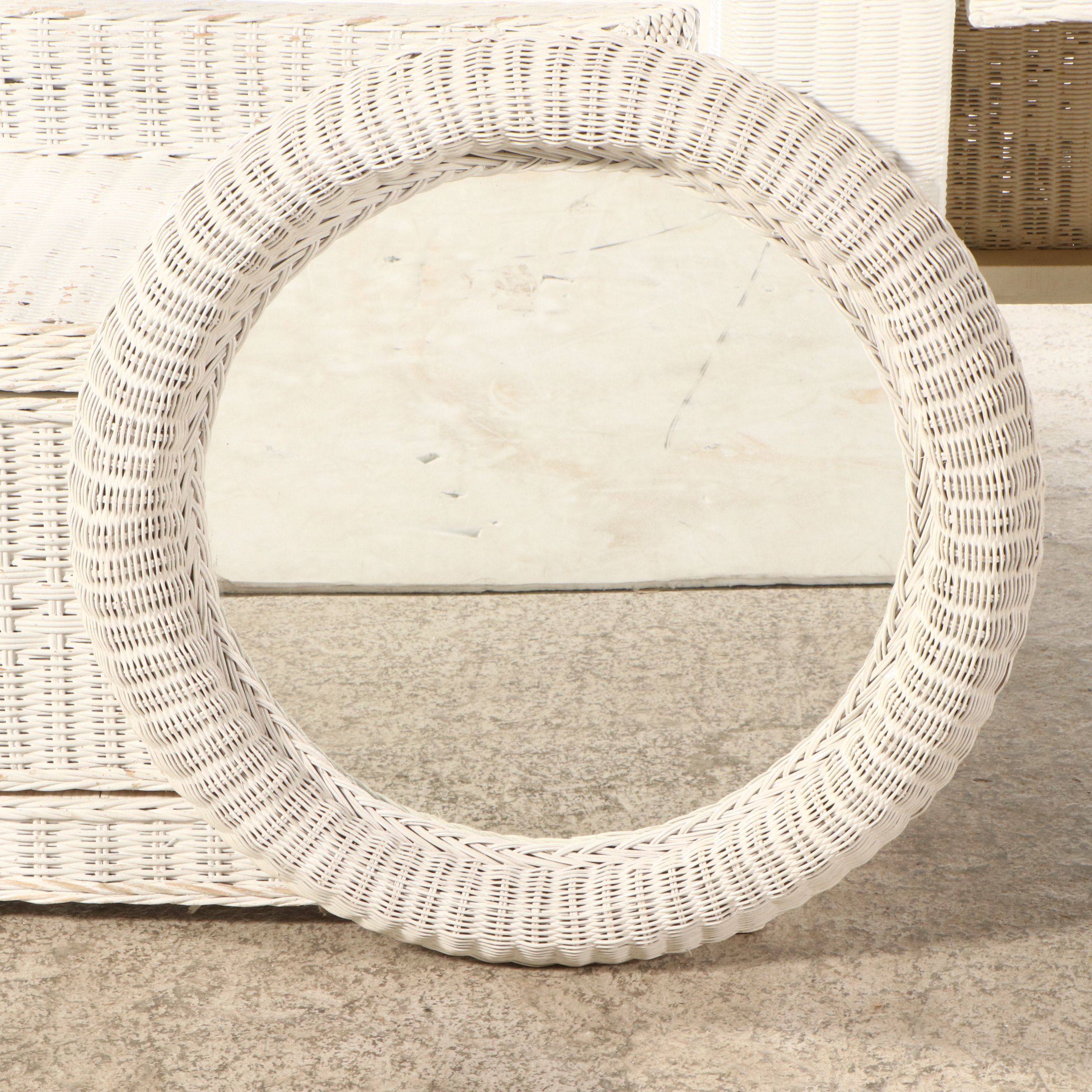 Vintage White Wicker Dressing Table, Chair, Wall Mirror and Storage Bench