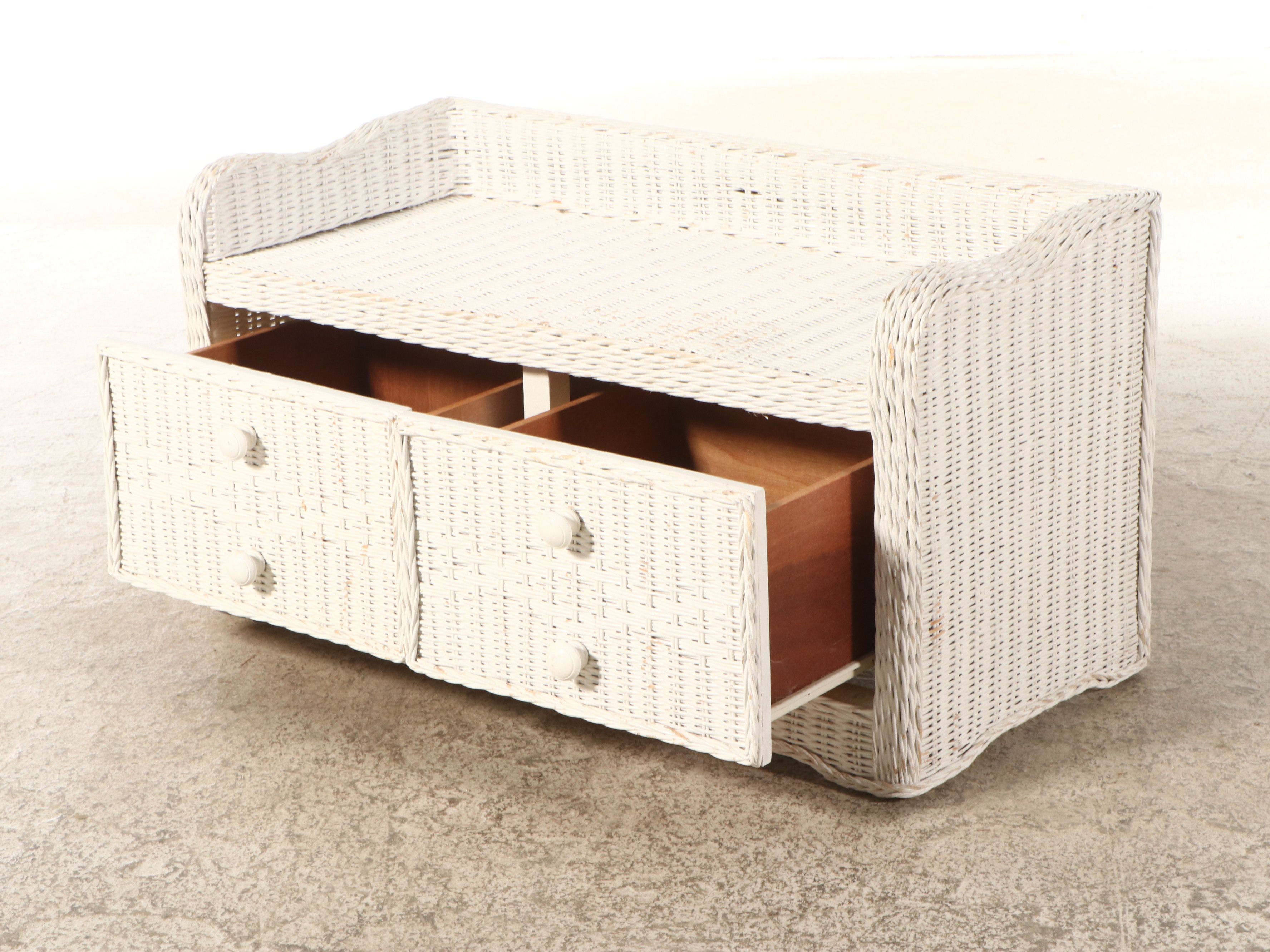 Vintage White Wicker Dressing Table, Chair, Wall Mirror and Storage Bench