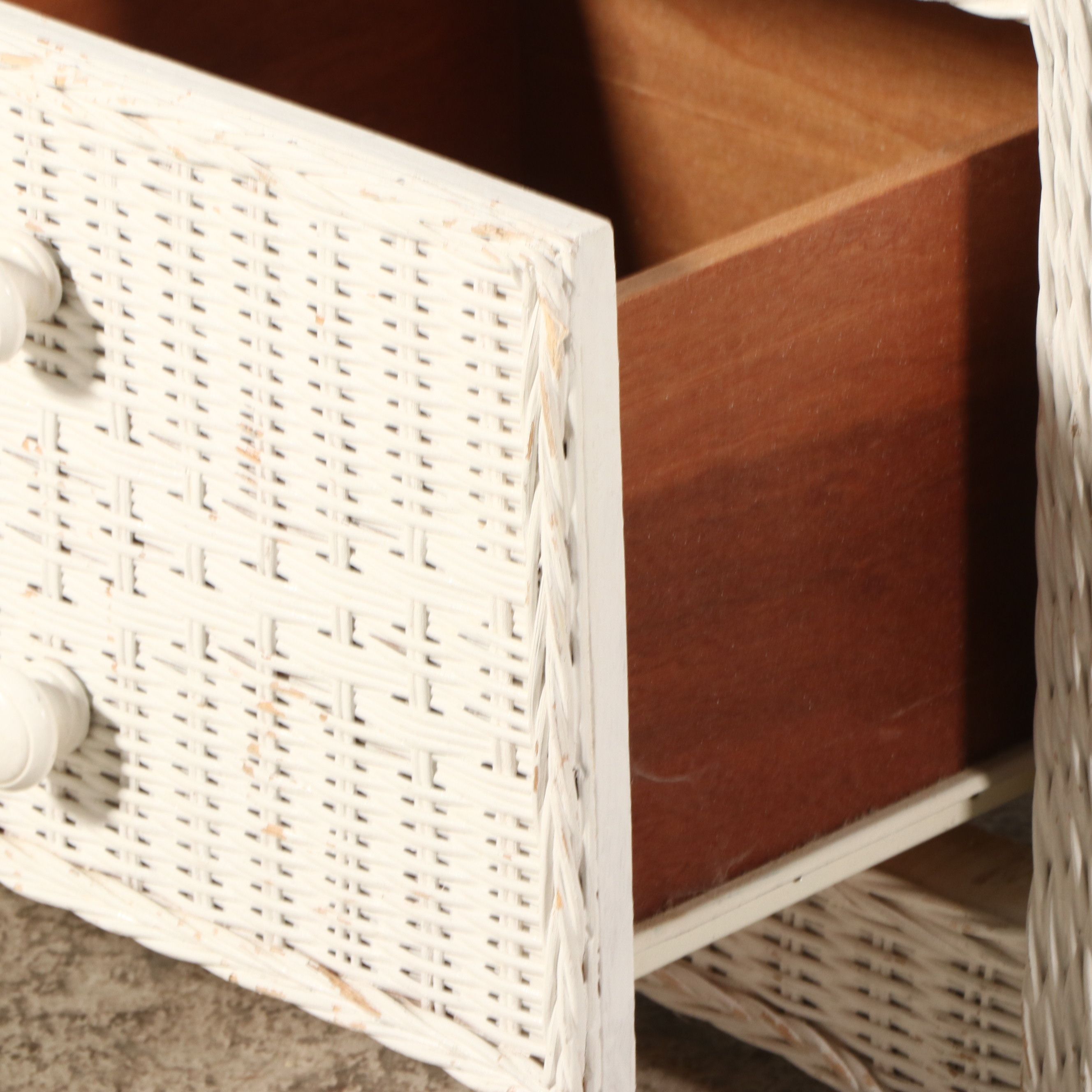 Vintage White Wicker Dressing Table, Chair, Wall Mirror and Storage Bench