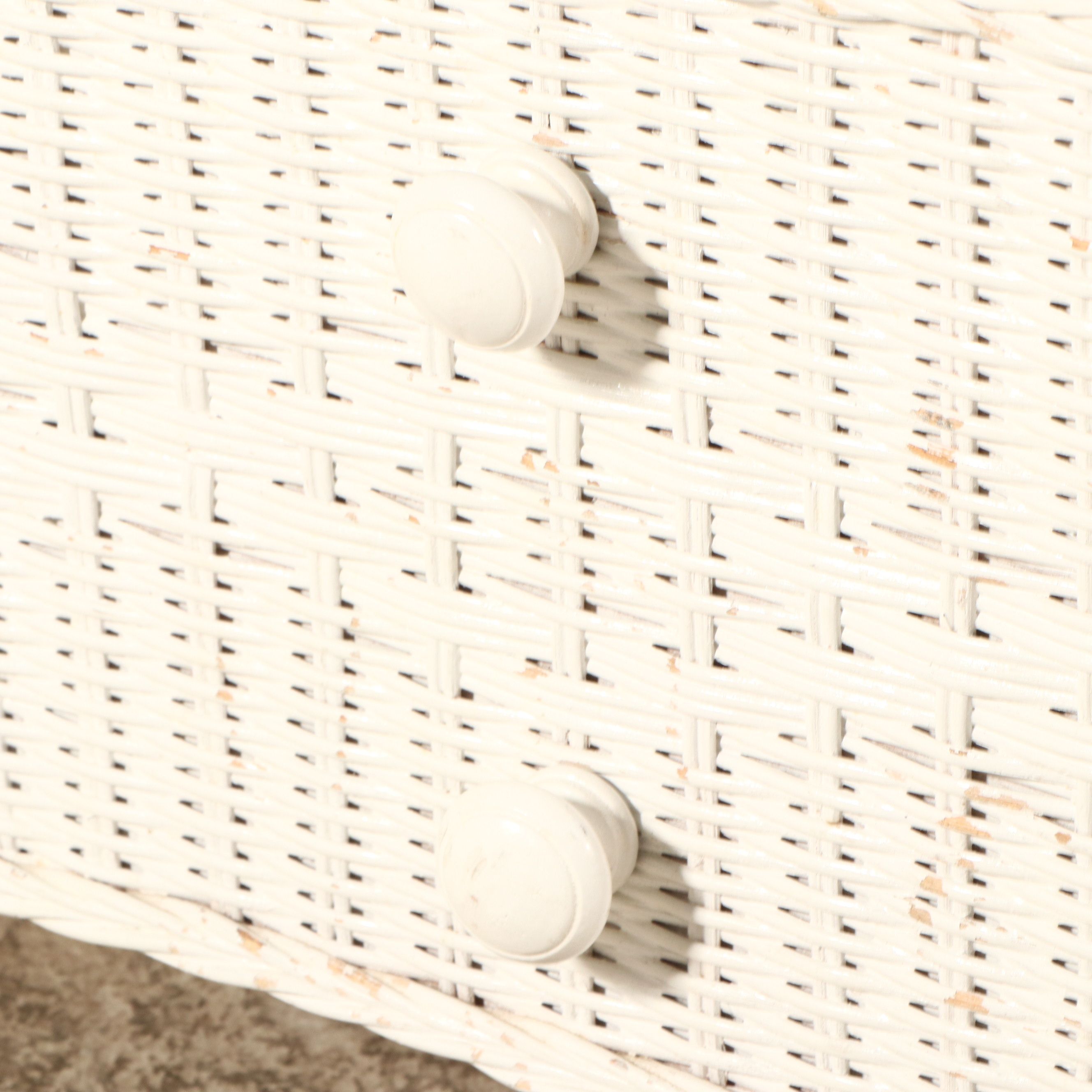 Vintage White Wicker Dressing Table, Chair, Wall Mirror and Storage Bench