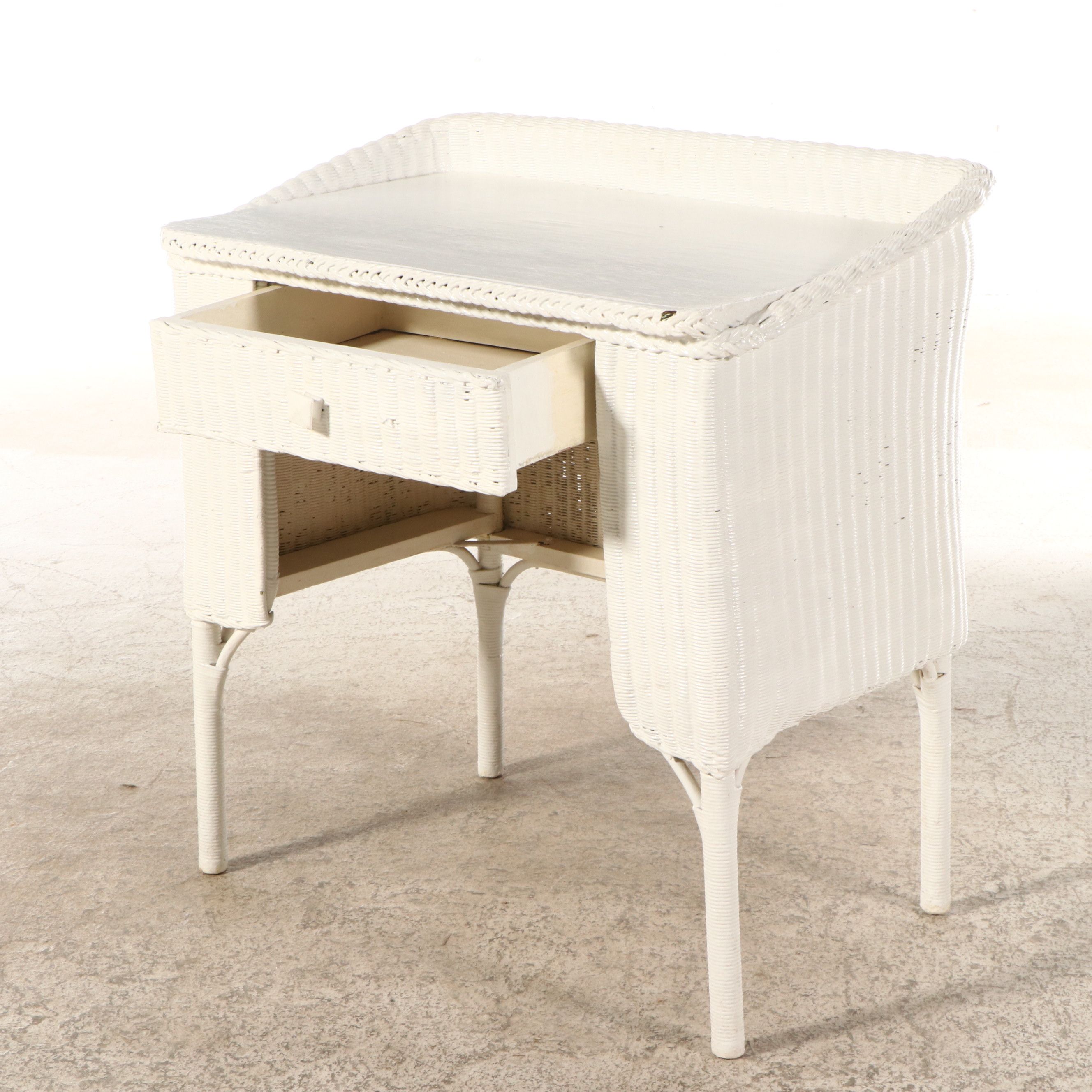 Vintage White Wicker Dressing Table, Chair, Wall Mirror and Storage Bench