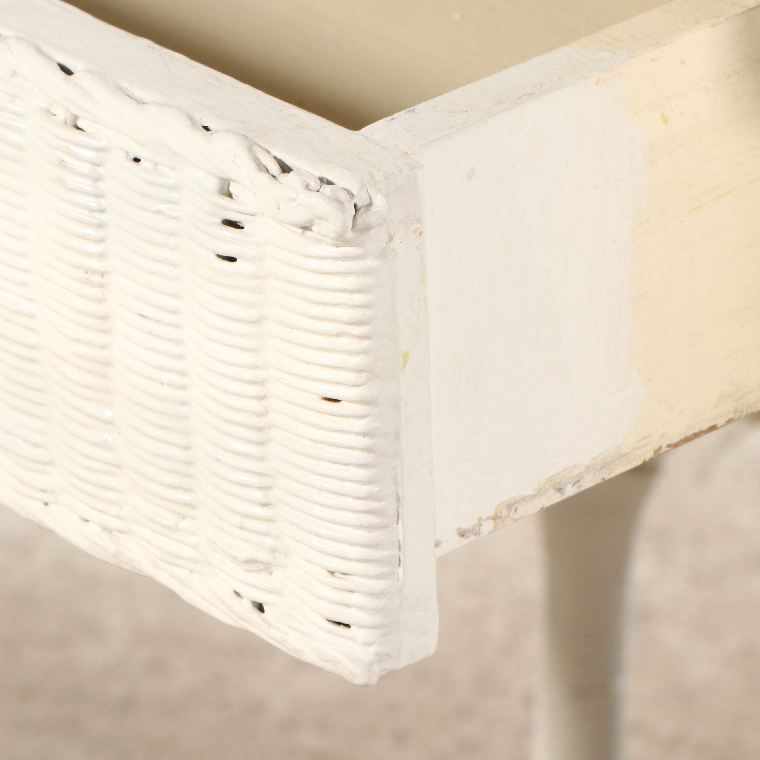 Vintage White Wicker Dressing Table, Chair, Wall Mirror and Storage Bench