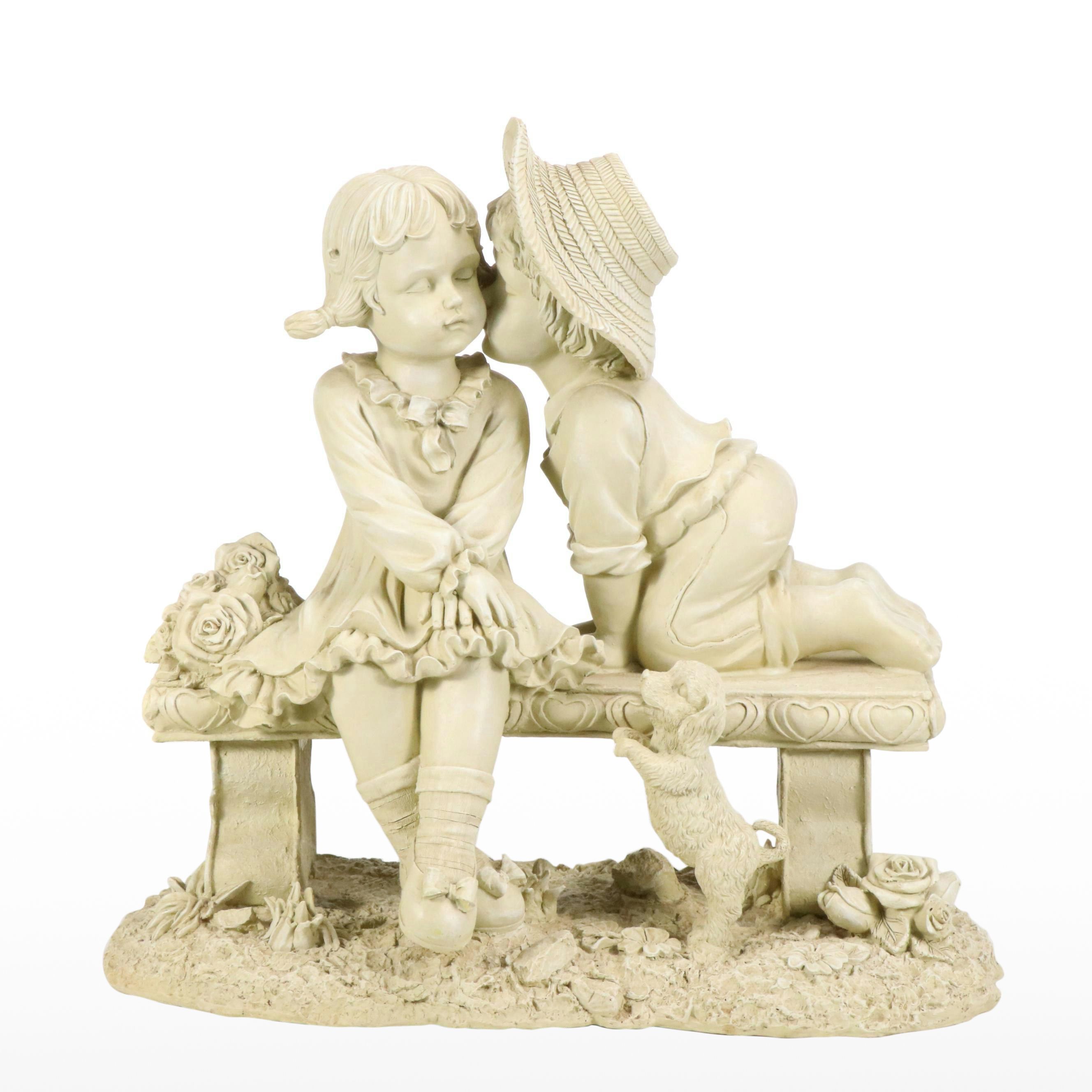 Girl and Boy on Bench Garden Statue