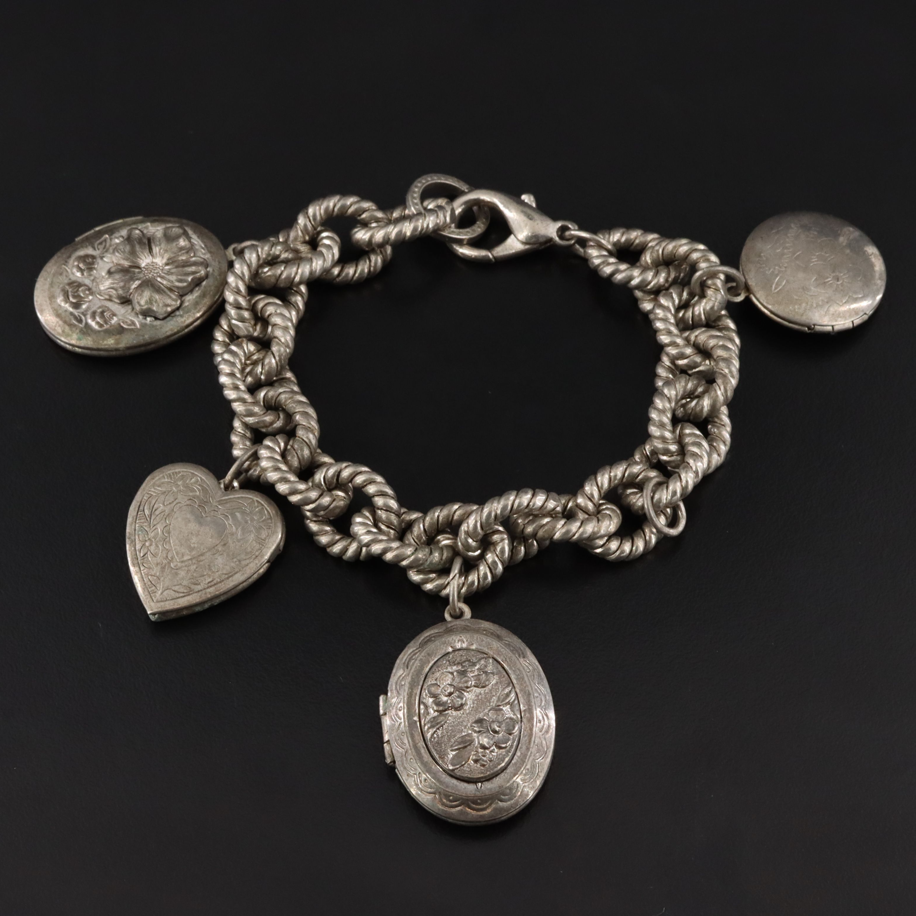 Floral Locket and Heart Charm Bracelet
