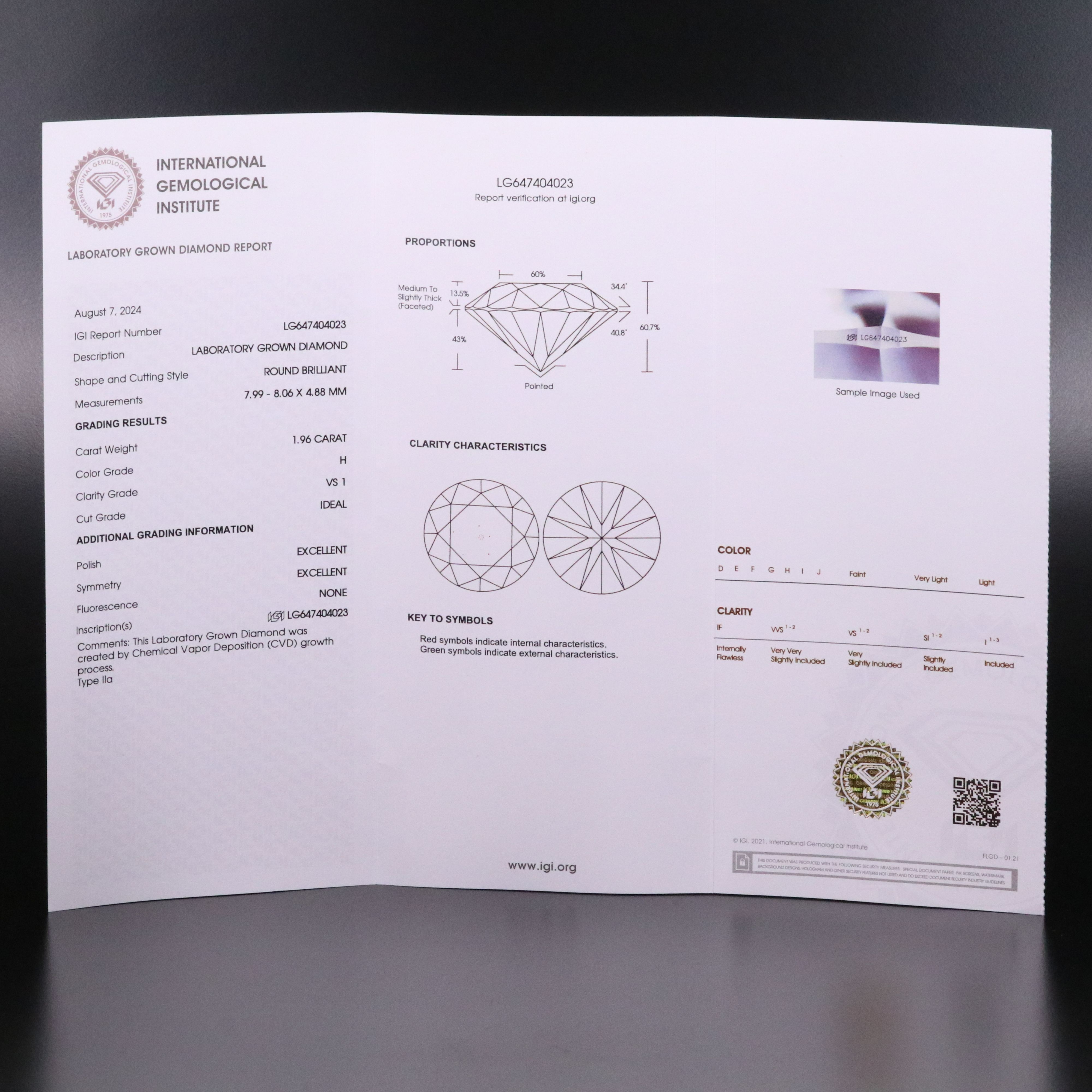 Loose 1.96 CT Lab Grown Diamond with IGI Report