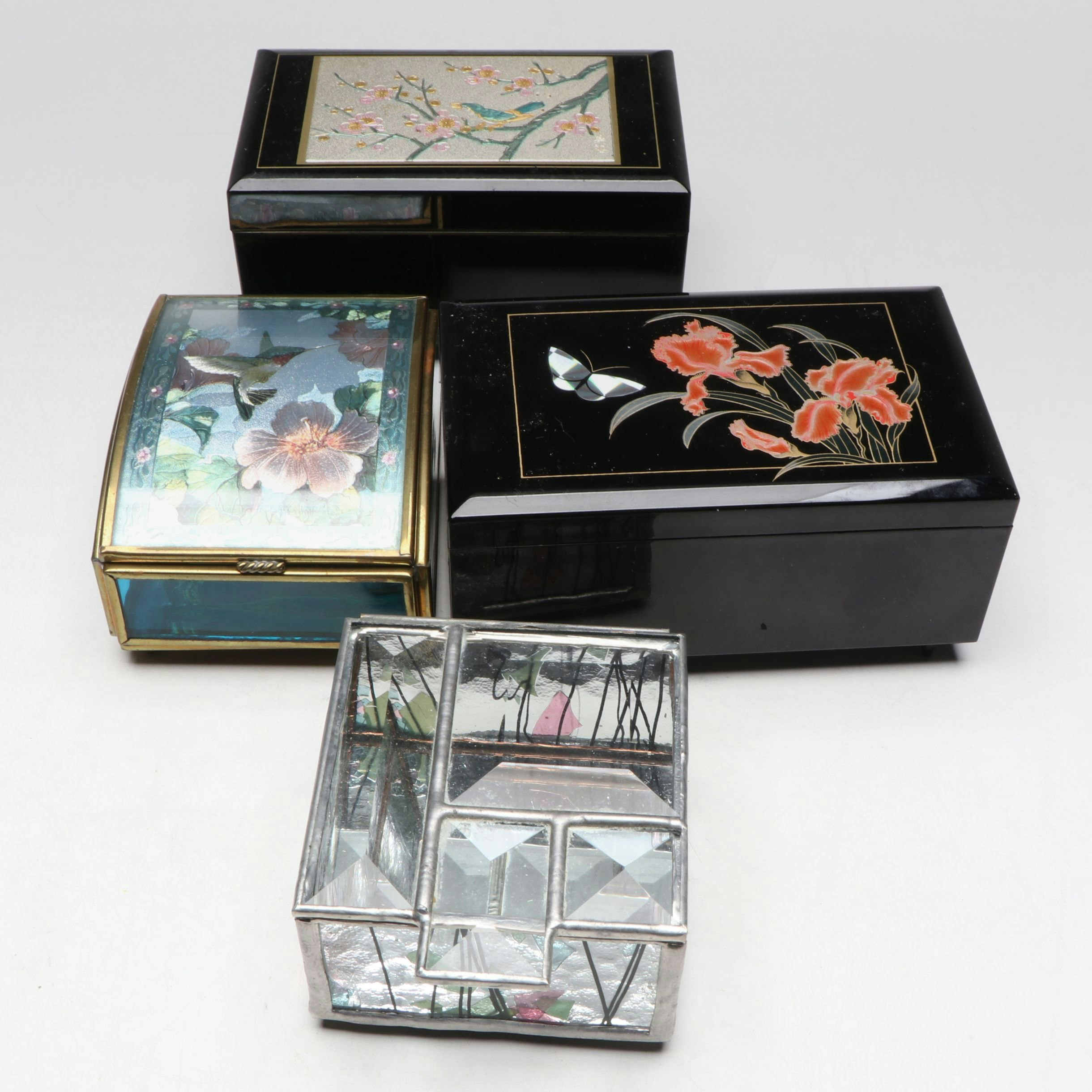 Floral Lacquer and Glass Music Boxes with Other Glass Box