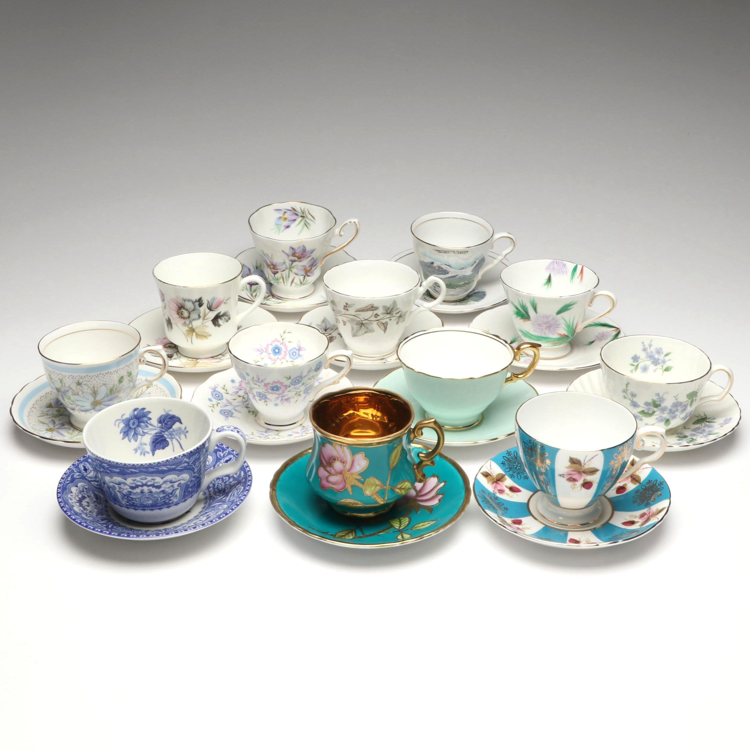 Spode Blue Room Collection with Other Teacups and Saucers