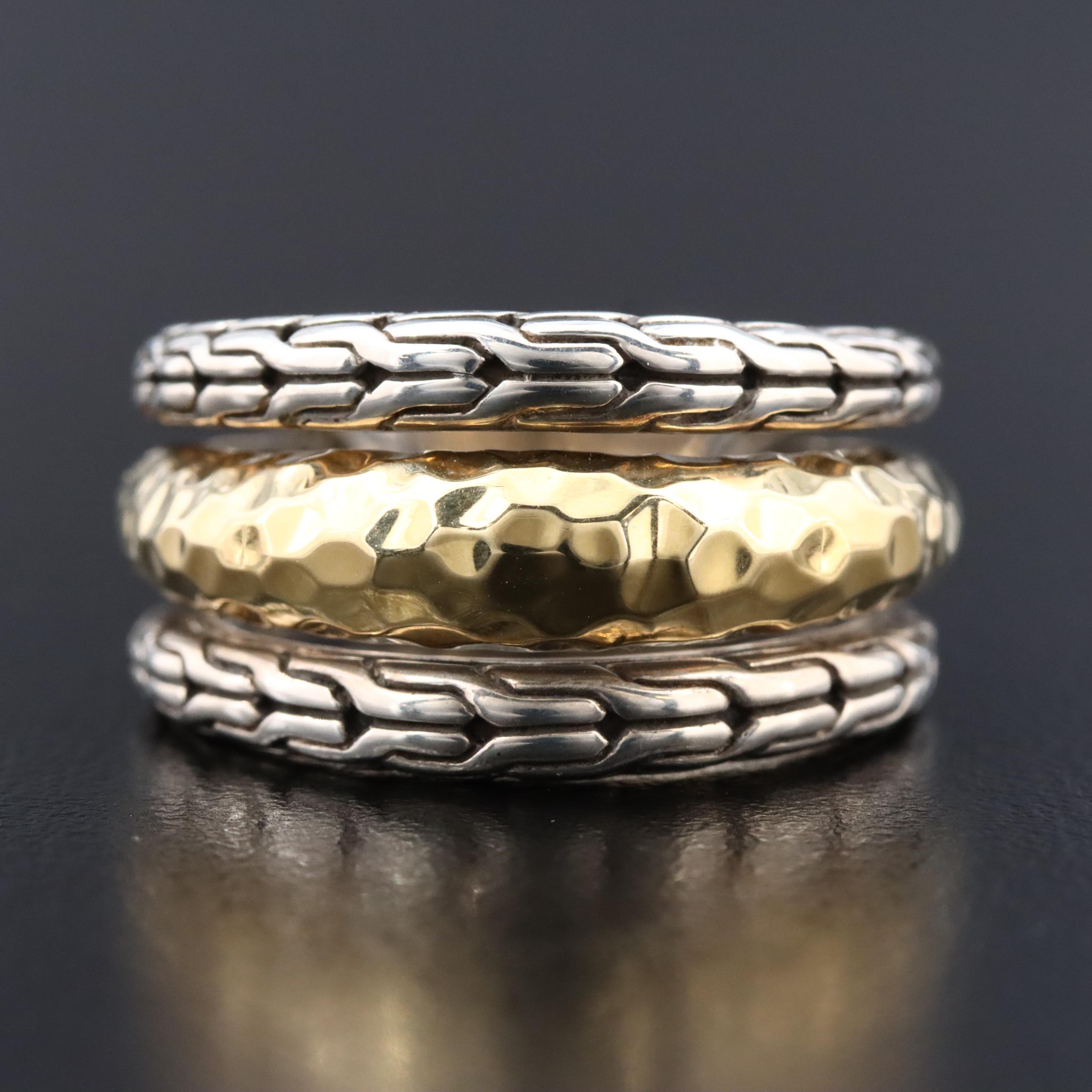 John Hardy Classic Chain Sterling Triple Row Band with 18K Hammered Accent