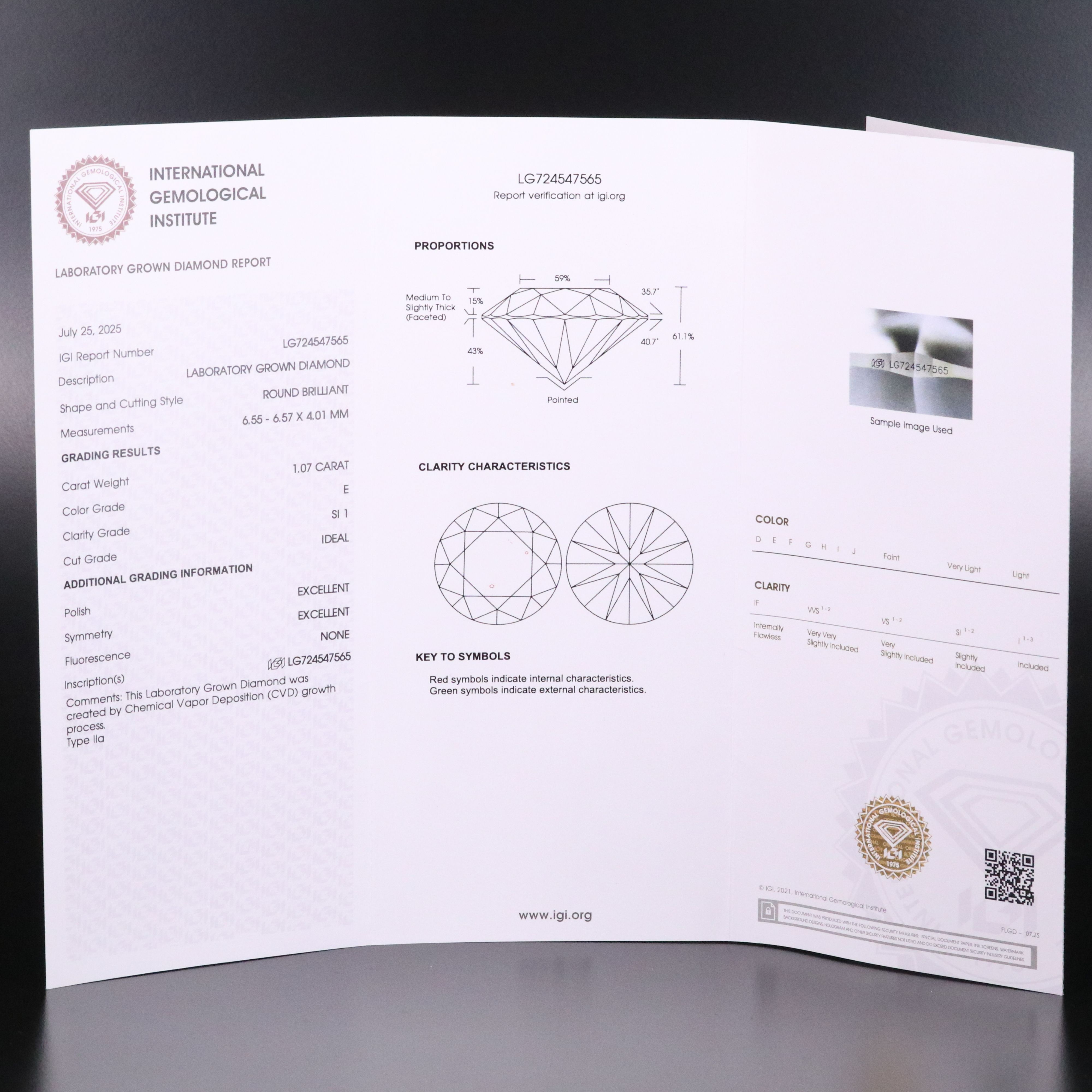Loose 1.07 CT Lab Grown Diamond with IGI Report