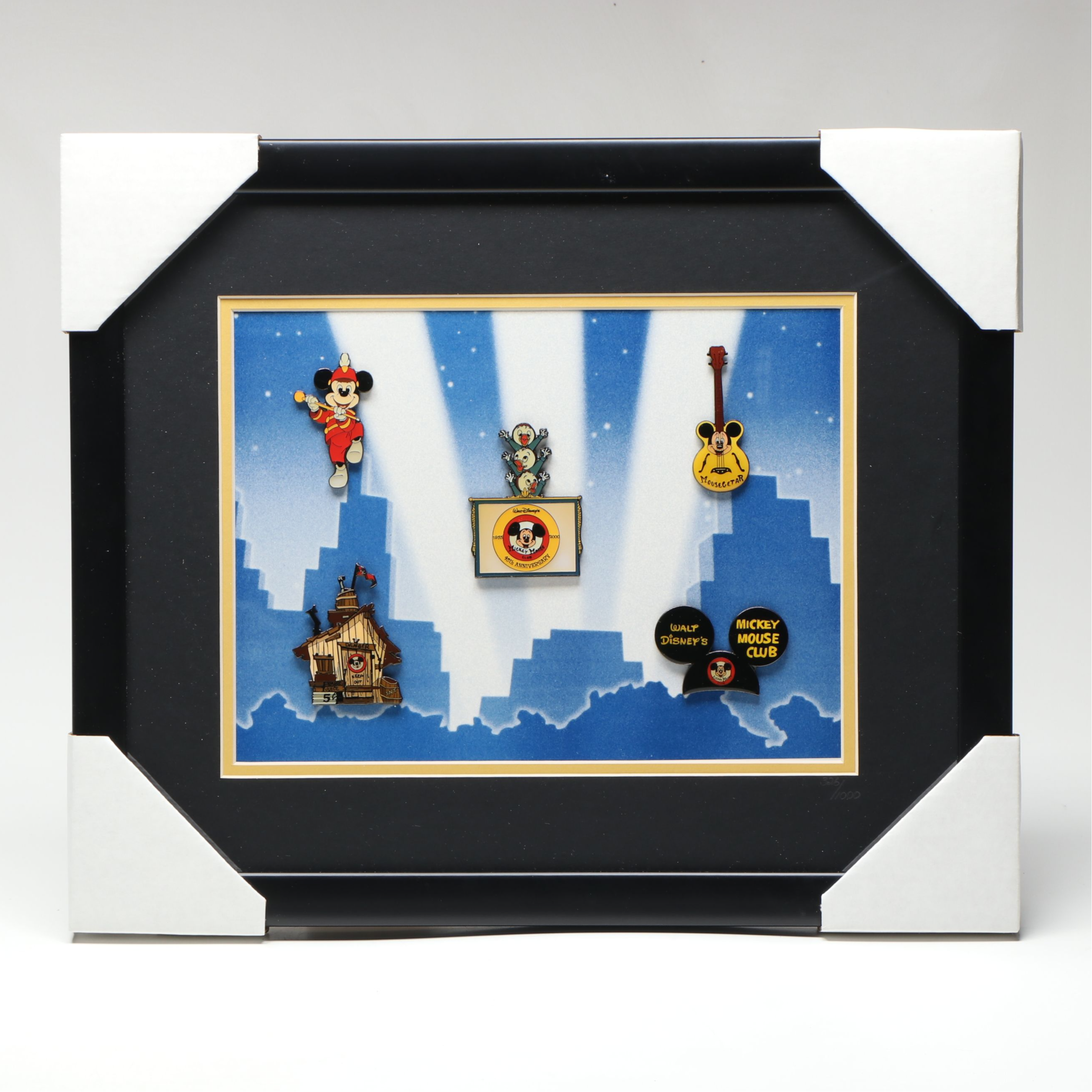 Walt Disney Mickey Mouse Club and Other Commemorative Enamel Pins in Wood Case