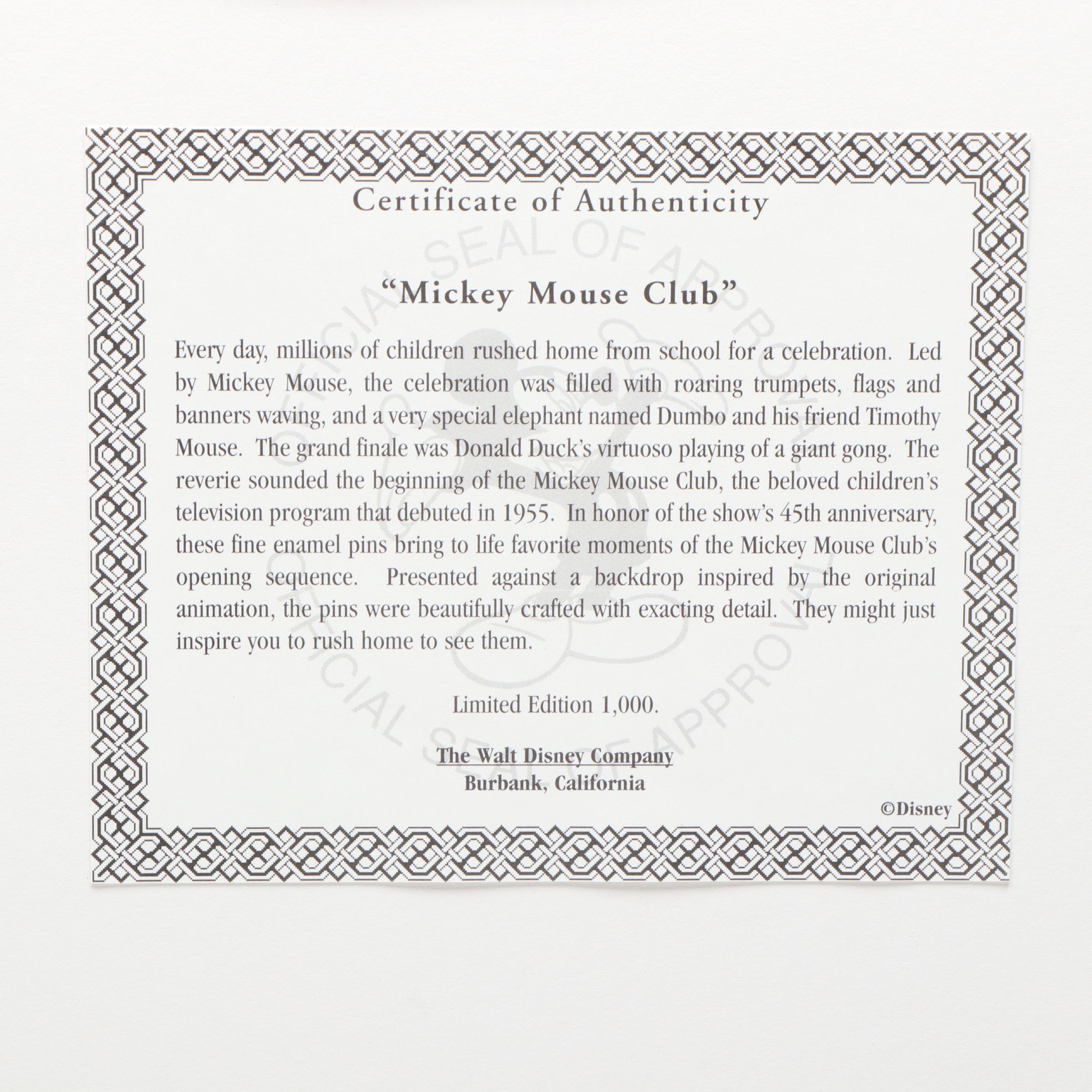 Walt Disney Mickey Mouse Club and Other Commemorative Enamel Pins in Wood Case