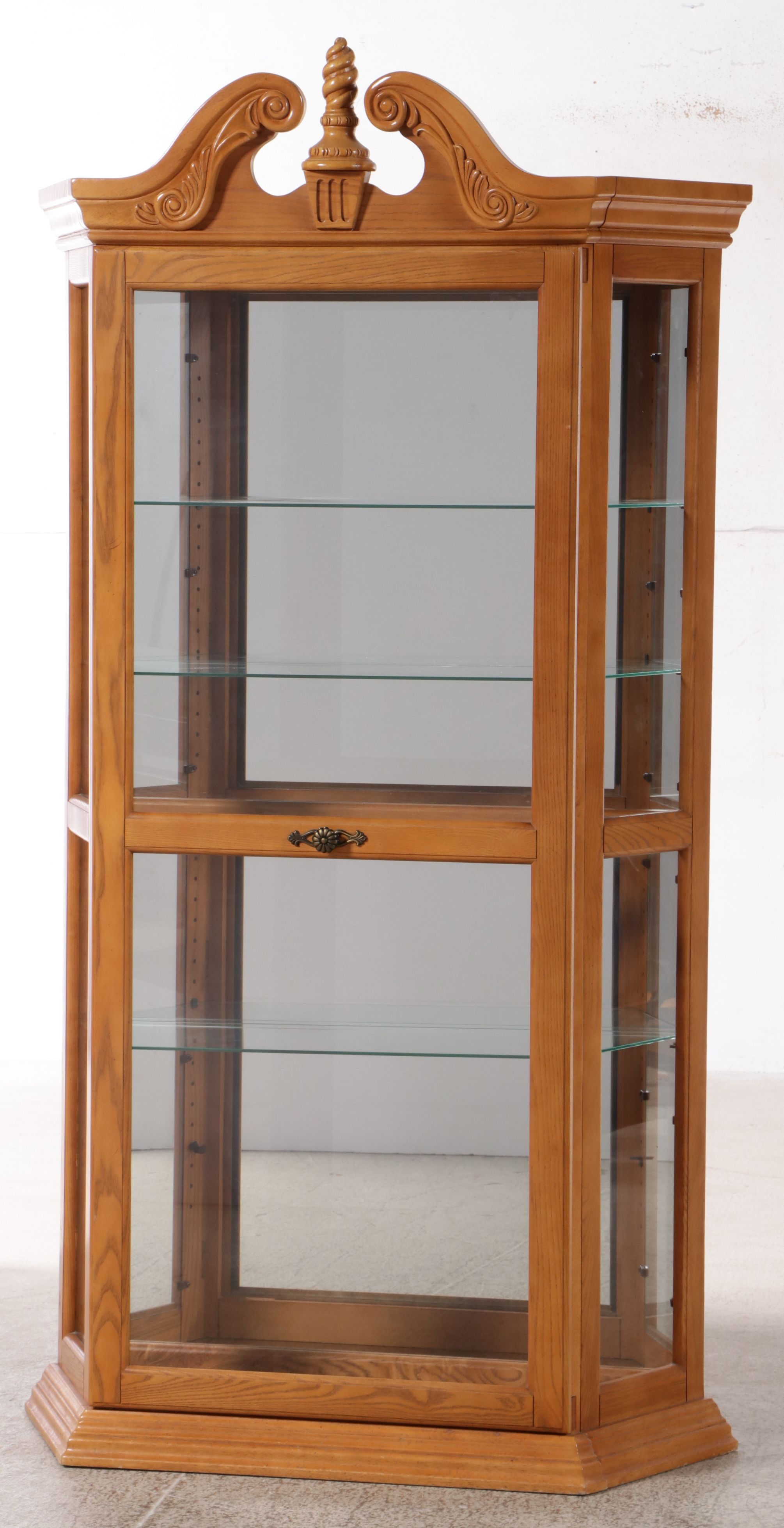 Chippendale Style Oak Curio Cabinet with Carved Broken Bonnet Pediment