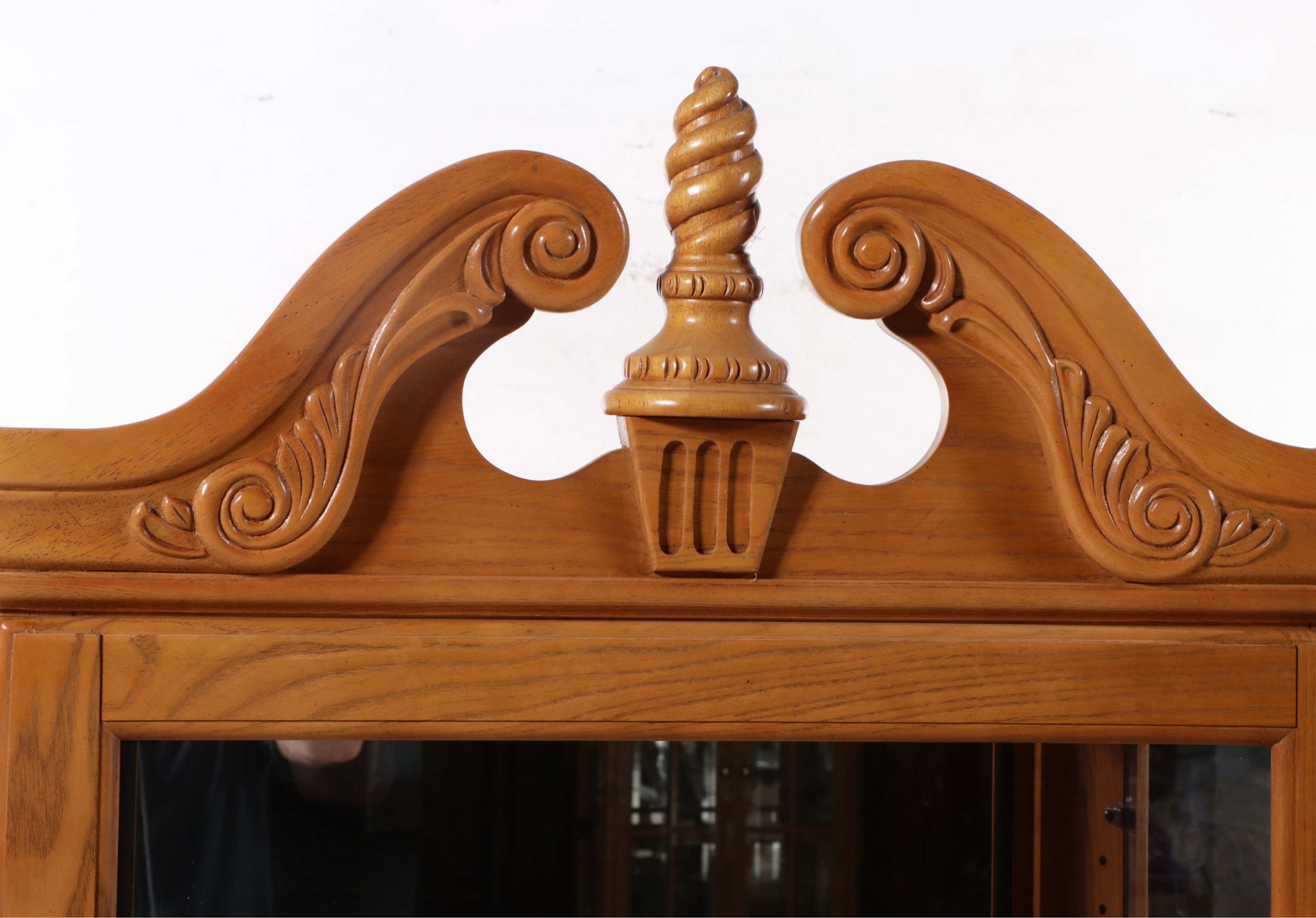 Chippendale Style Oak Curio Cabinet with Carved Broken Bonnet Pediment