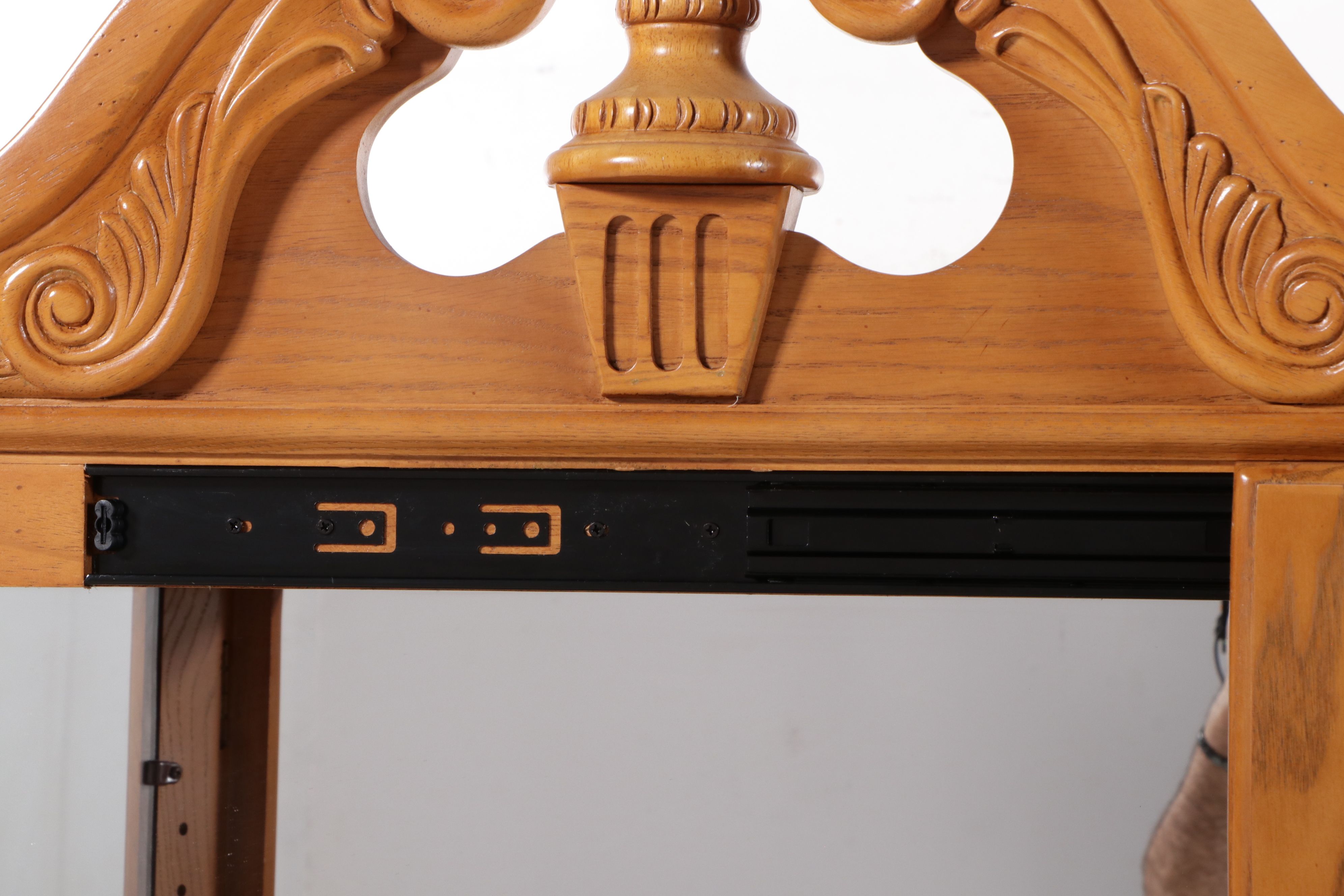 Chippendale Style Oak Curio Cabinet with Carved Broken Bonnet Pediment