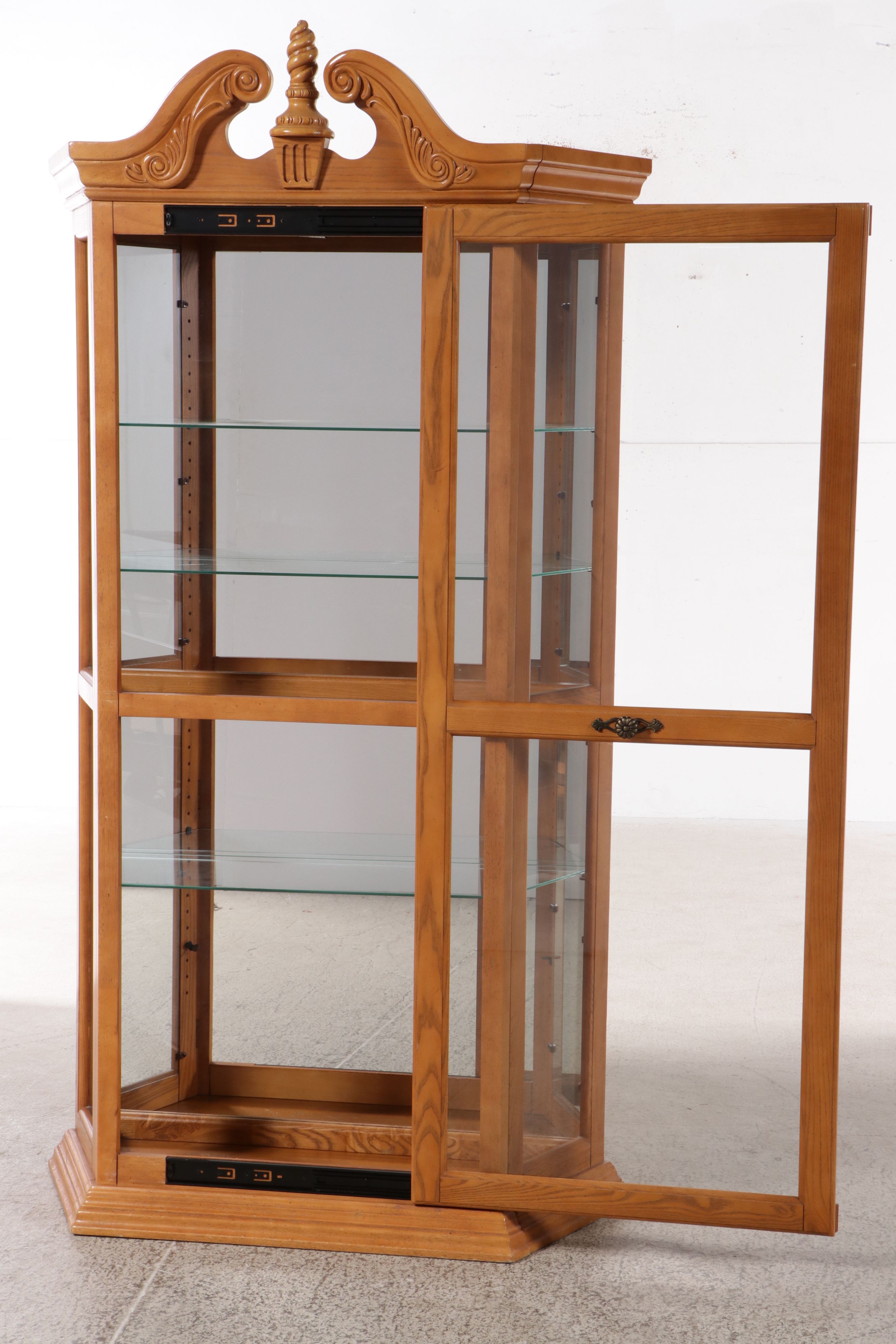 Chippendale Style Oak Curio Cabinet with Carved Broken Bonnet Pediment