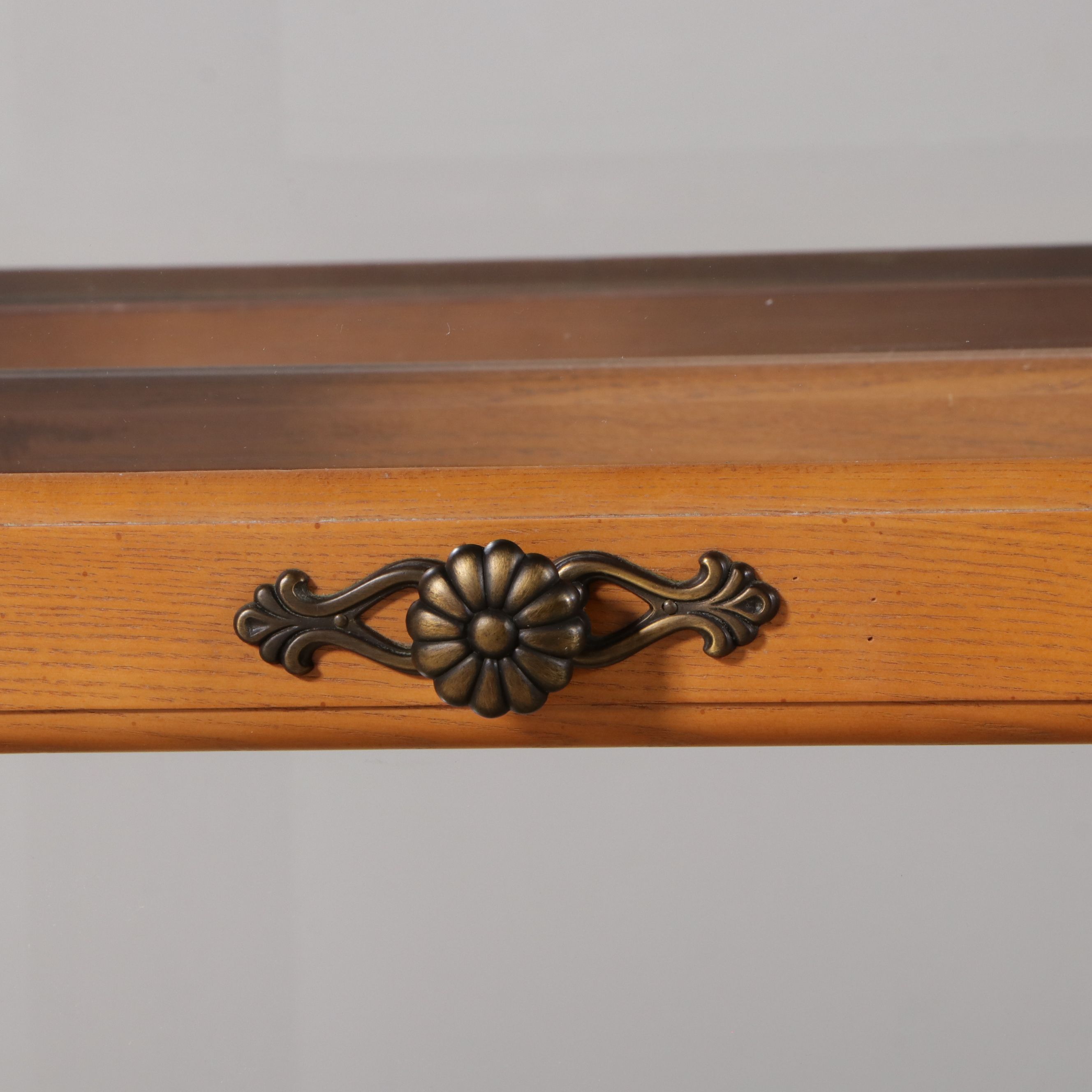 Chippendale Style Oak Curio Cabinet with Carved Broken Bonnet Pediment