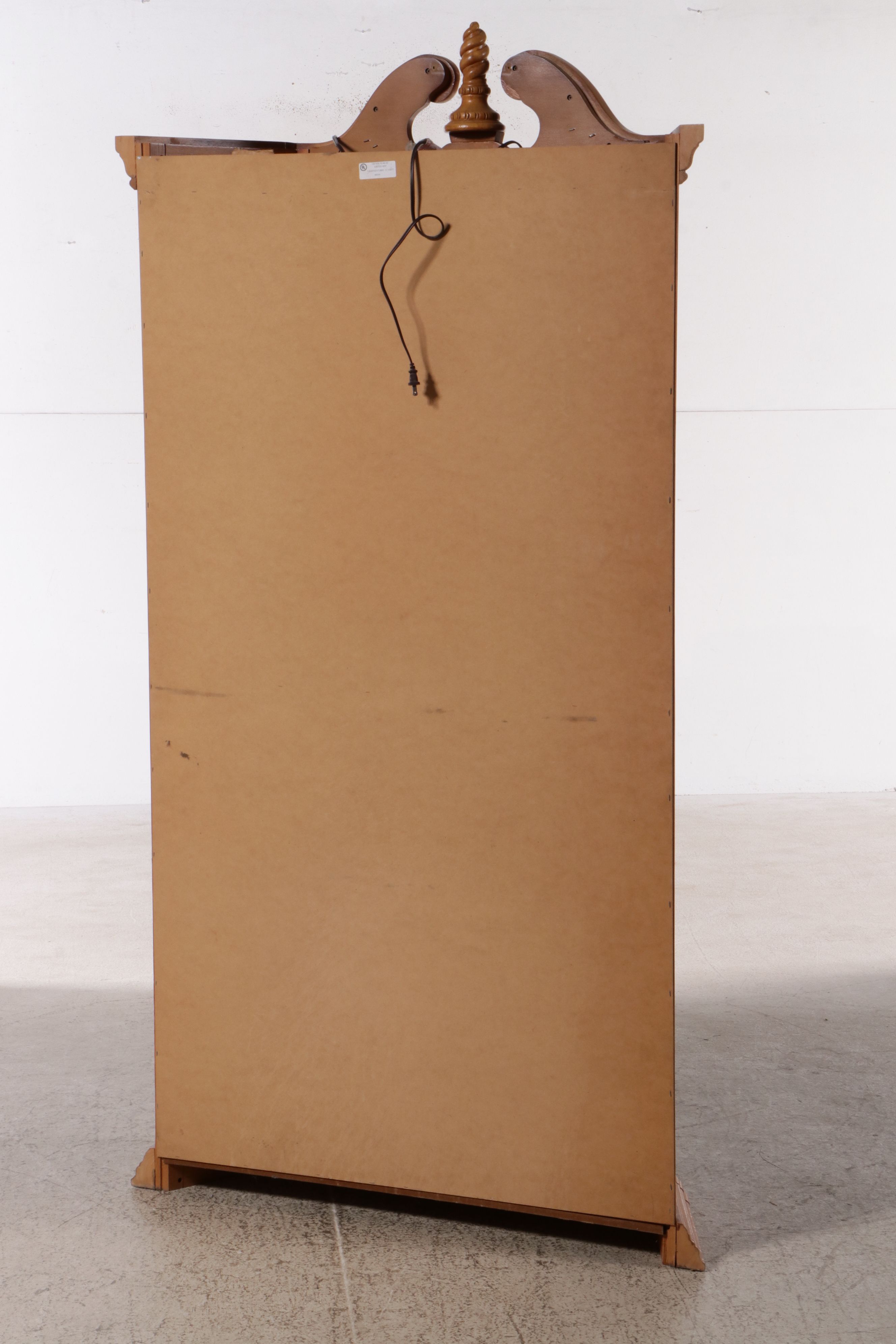 Chippendale Style Oak Curio Cabinet with Carved Broken Bonnet Pediment