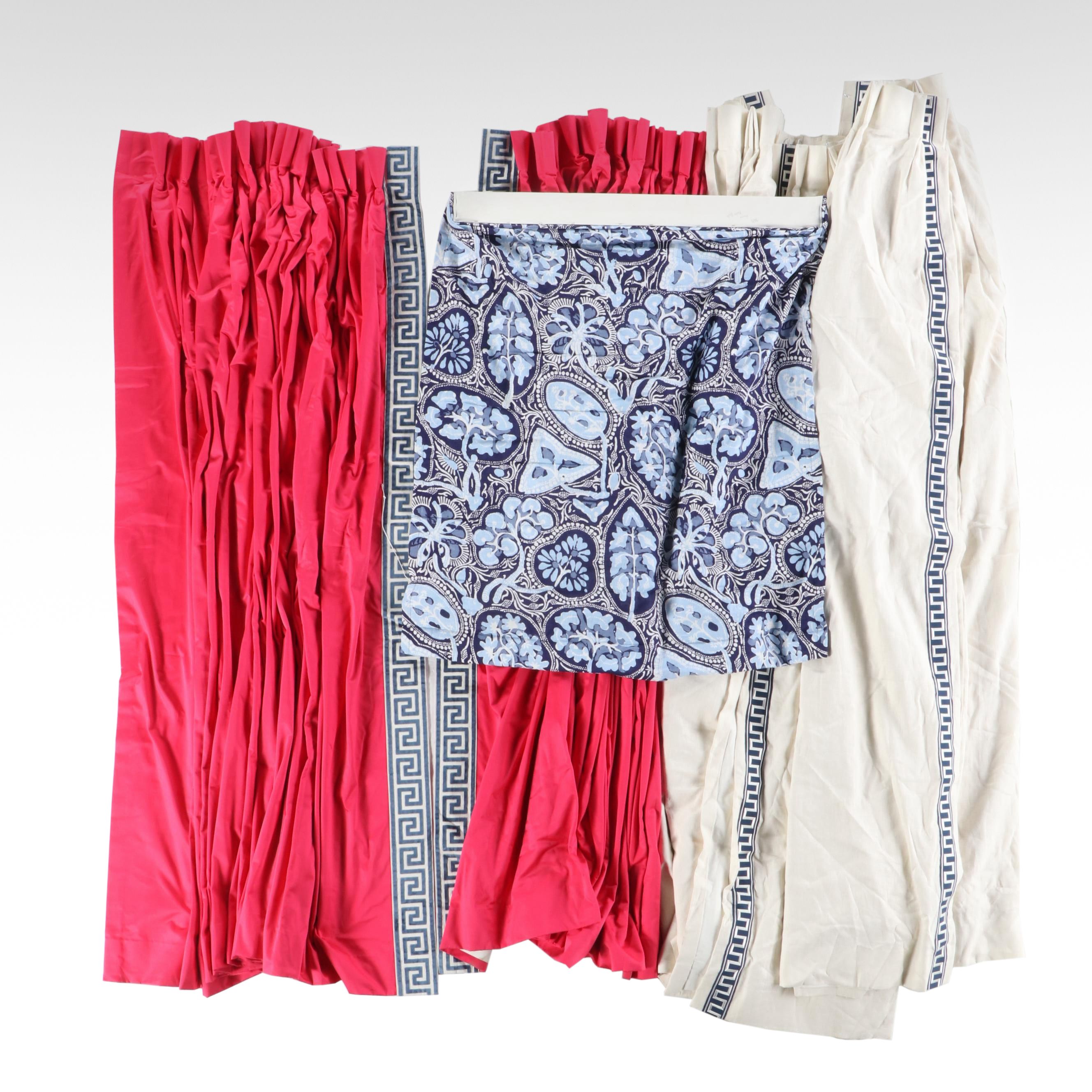 Red with Greek Key Border, Blue Batik Roman Blind, Other Drapery Panels
