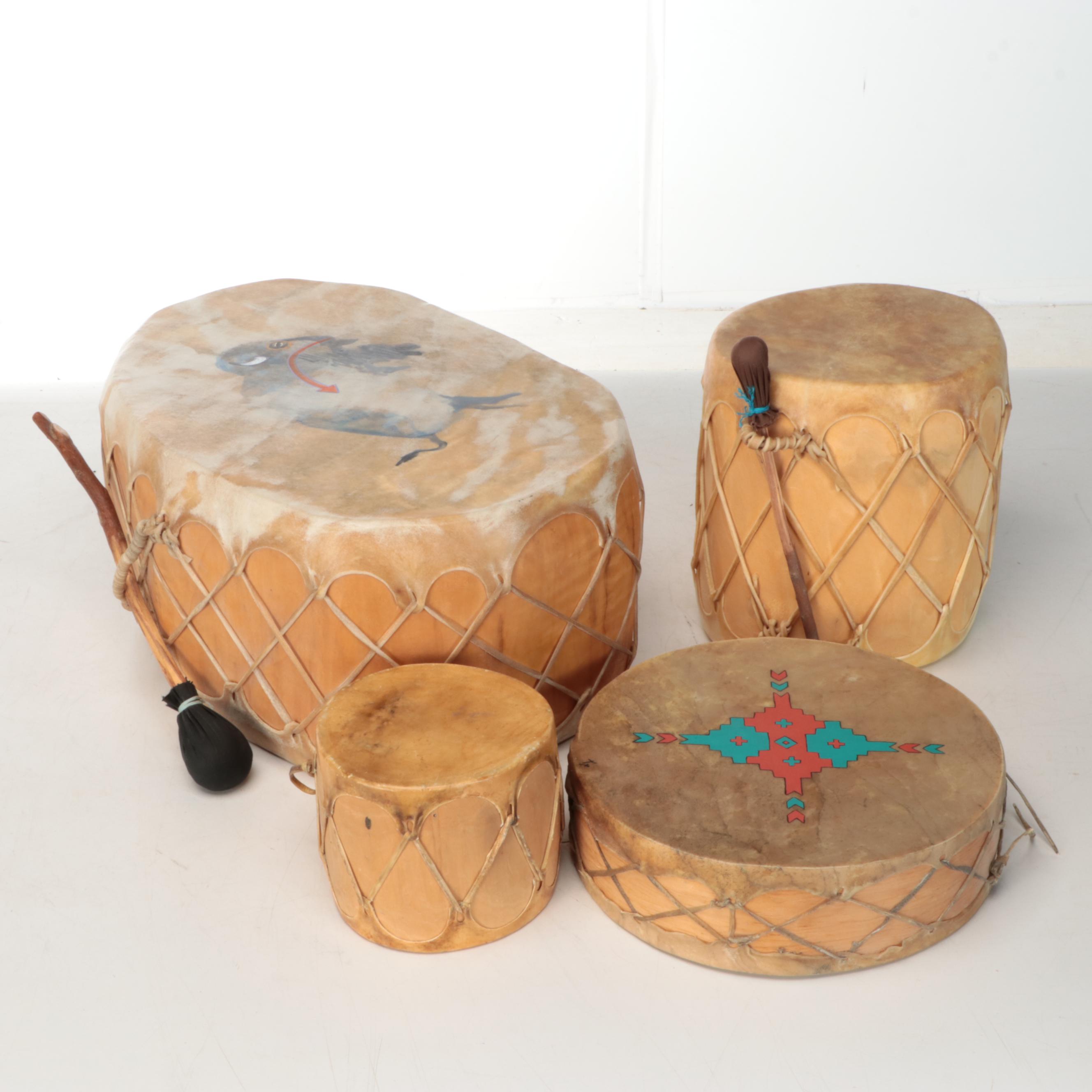 Hide Covered Wooden Drums with Southwestern Style Painted Details, Mallets