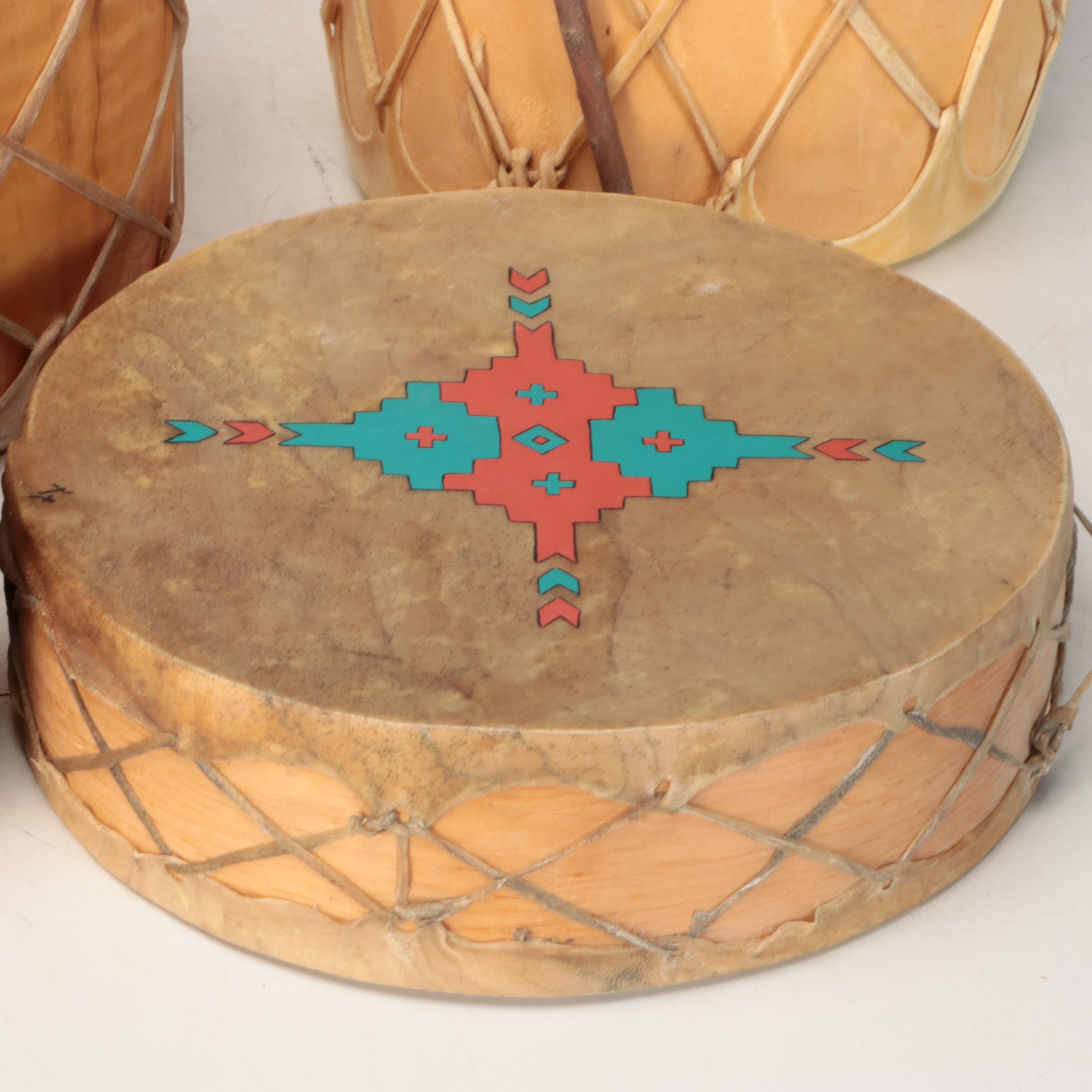 Hide Covered Wooden Drums with Southwestern Style Painted Details, Mallets