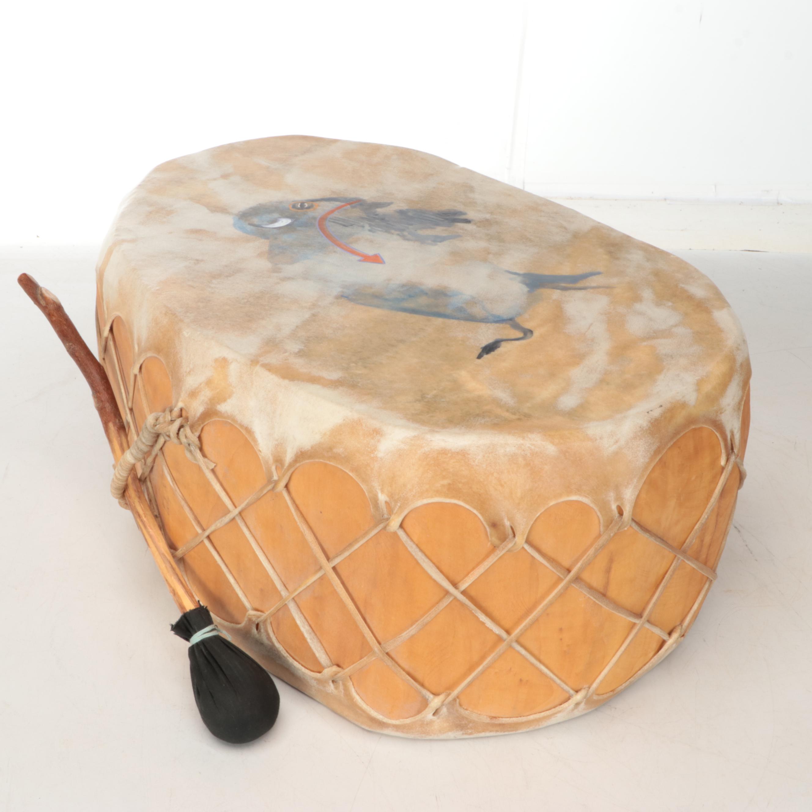 Hide Covered Wooden Drums with Southwestern Style Painted Details, Mallets