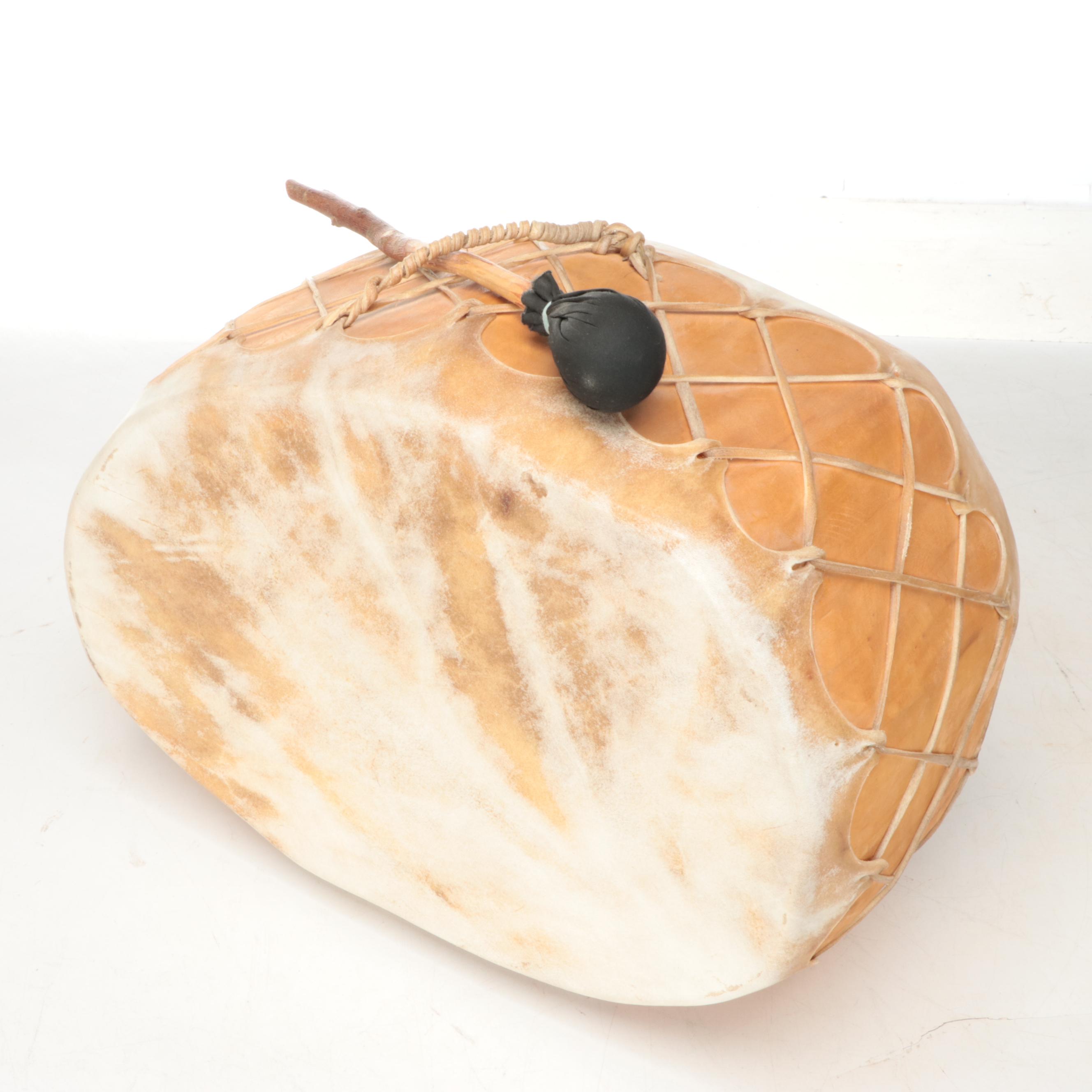 Hide Covered Wooden Drums with Southwestern Style Painted Details, Mallets