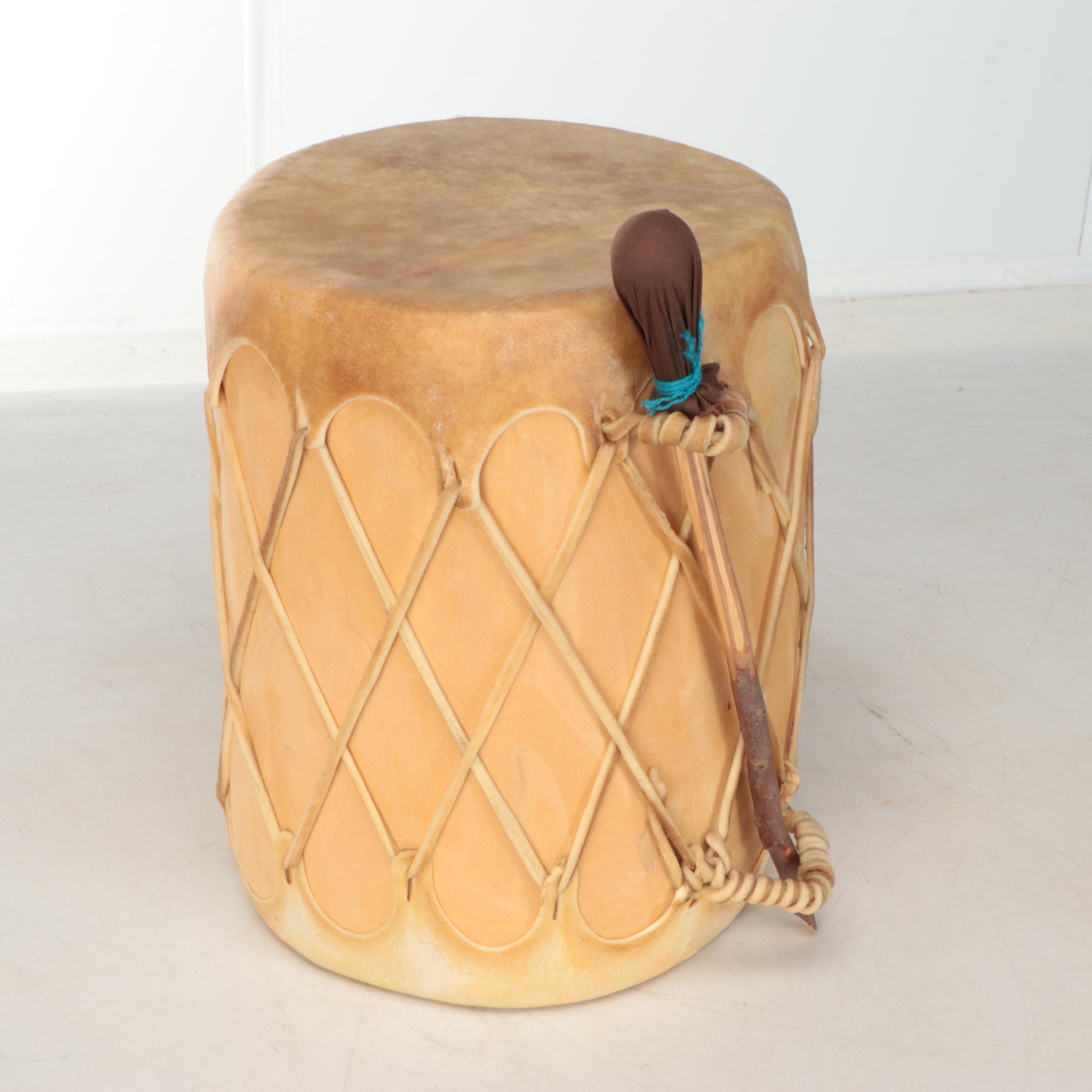 Hide Covered Wooden Drums with Southwestern Style Painted Details, Mallets